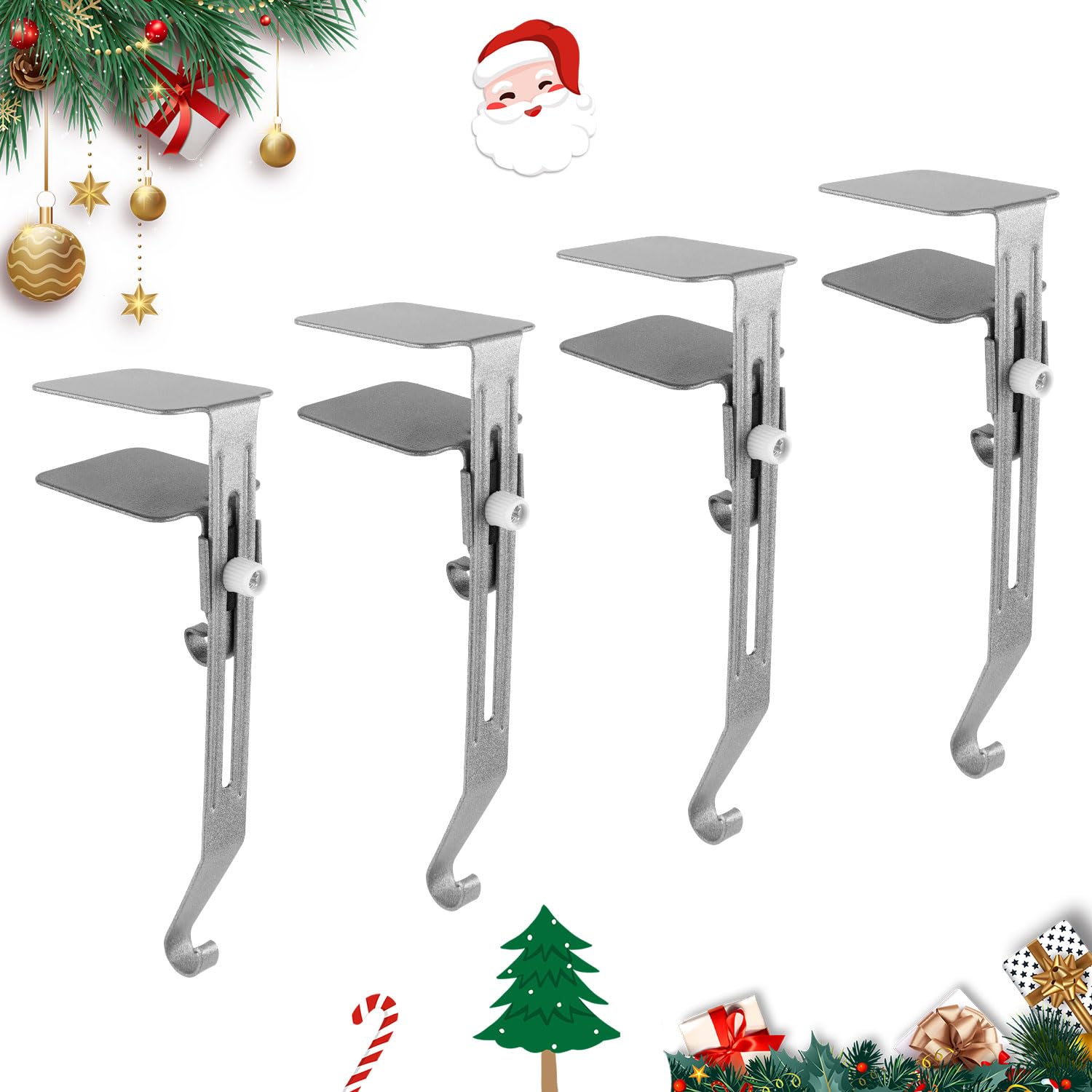 NQEUEPN 4pcs Christmas Fireplace Hooks, Adjustable Christmas Stocking Holders Heavy Duty Mantel Stocking Hooks Mantel Garland Clips for Christmas Party Decorations