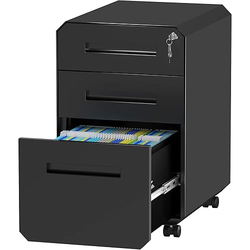 YITAHOME 3-Drawer Filing Cabinet Office Drawers with Lock, Divider and Pencil Tray, Portable Metal File Cabinet, Pre-Built Office Storage Cabinet,Black