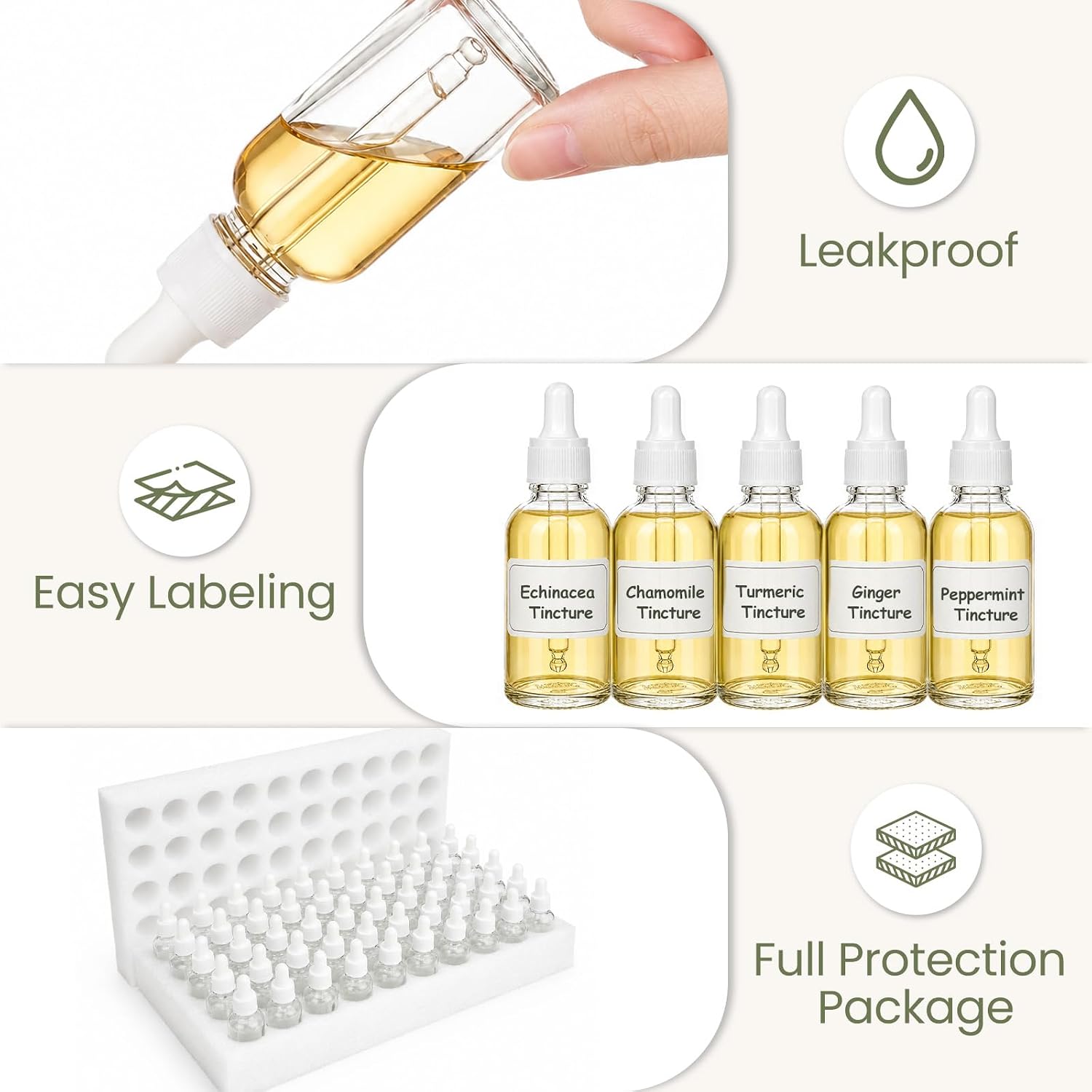 UPBUD 1oz Clear Dropper Bottle with White lids - 50 Pcs