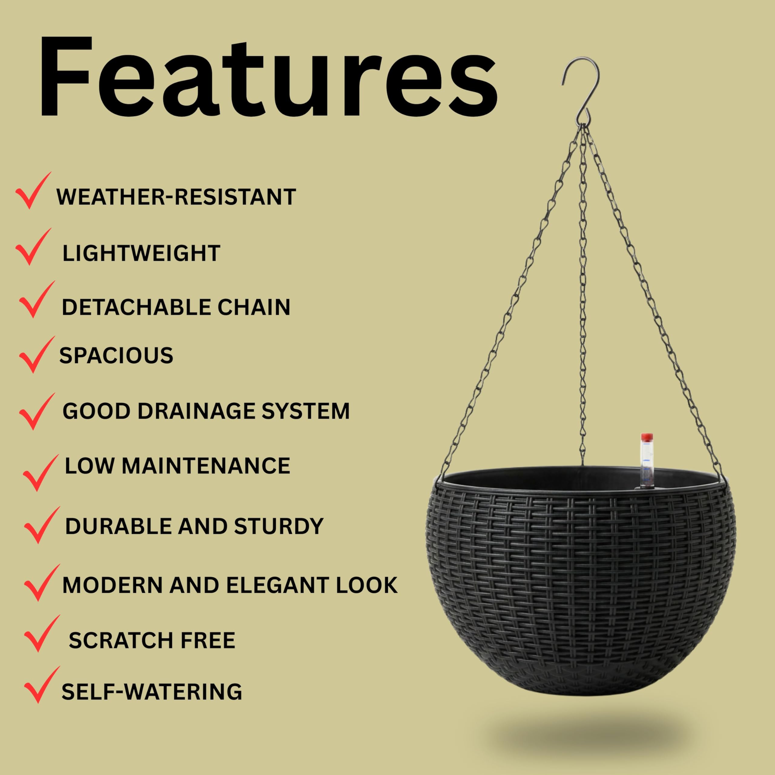 LáLáGreen Vaso Sospeso Autoirrigante da 28 cm con Indicatore del Livello dell'Acqua, Fioriera Rotonda Effetto Rattan con Catena in Metallo per Balcone, Giardino e Terrazza (3)