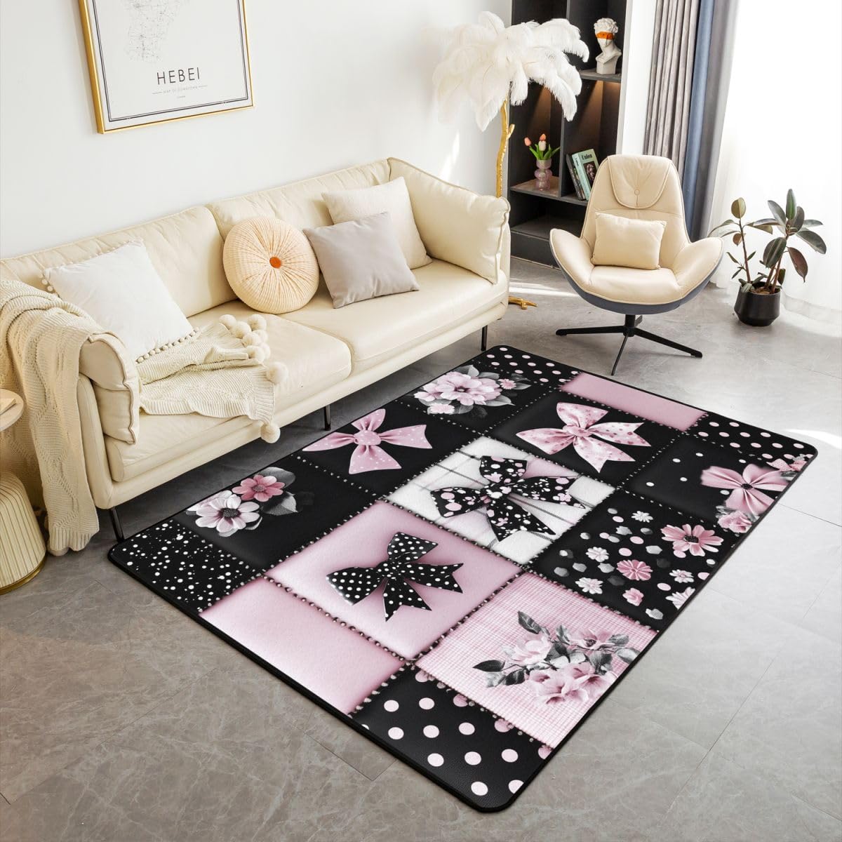 Tappeto a pois per soggiorno, 100 x 150 cm, grazioso motivo a margherite, per camera da letto, per bambini e ragazzi, rosa e nero, motivo patchwork, decorazione per la casa