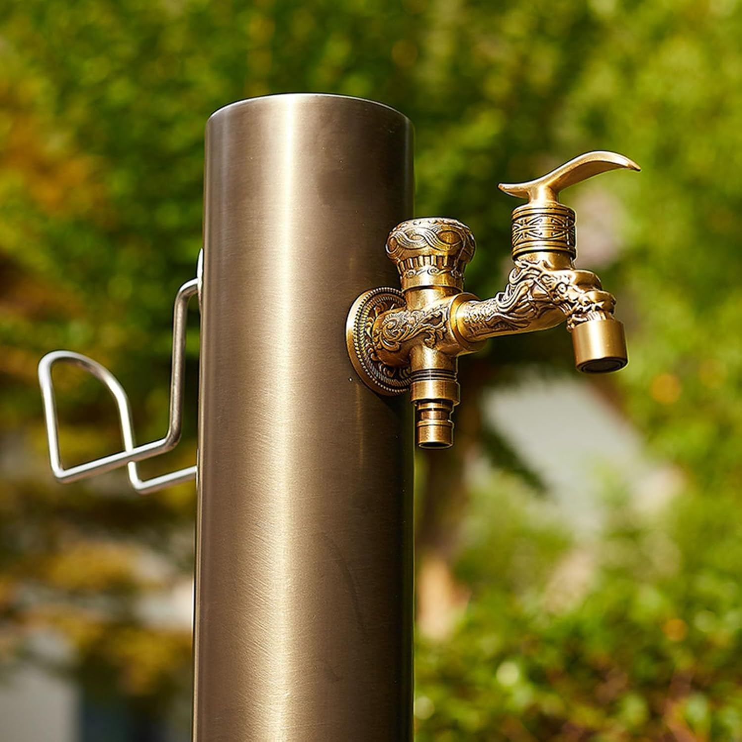 Freestanding Outdoor Faucet Water Column, Garden Watering Fountain Hydrant, Freeze-Proof Spigot, Landscape Decor & Irrigation Post, Hose Holder (Style 1-20.5×86cm)