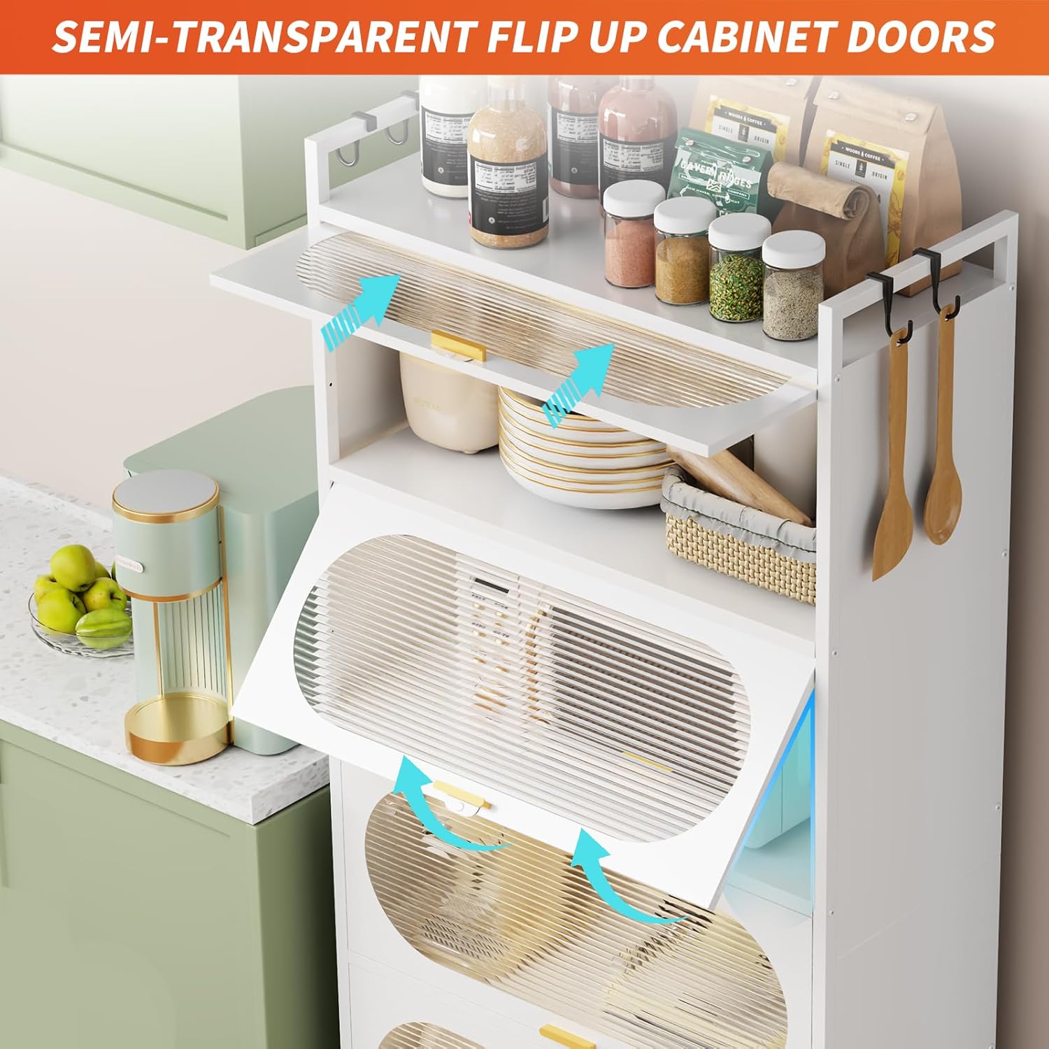 Dyoung 5-Tier Kitchen Pantry Storage Cabinet with Flip-up Doors, Metal Freestanding Cabinet with 4 Rooling Wheels, Bakers Rack with Storage Cabinet for Dining Study Kitchen Living Room (White)