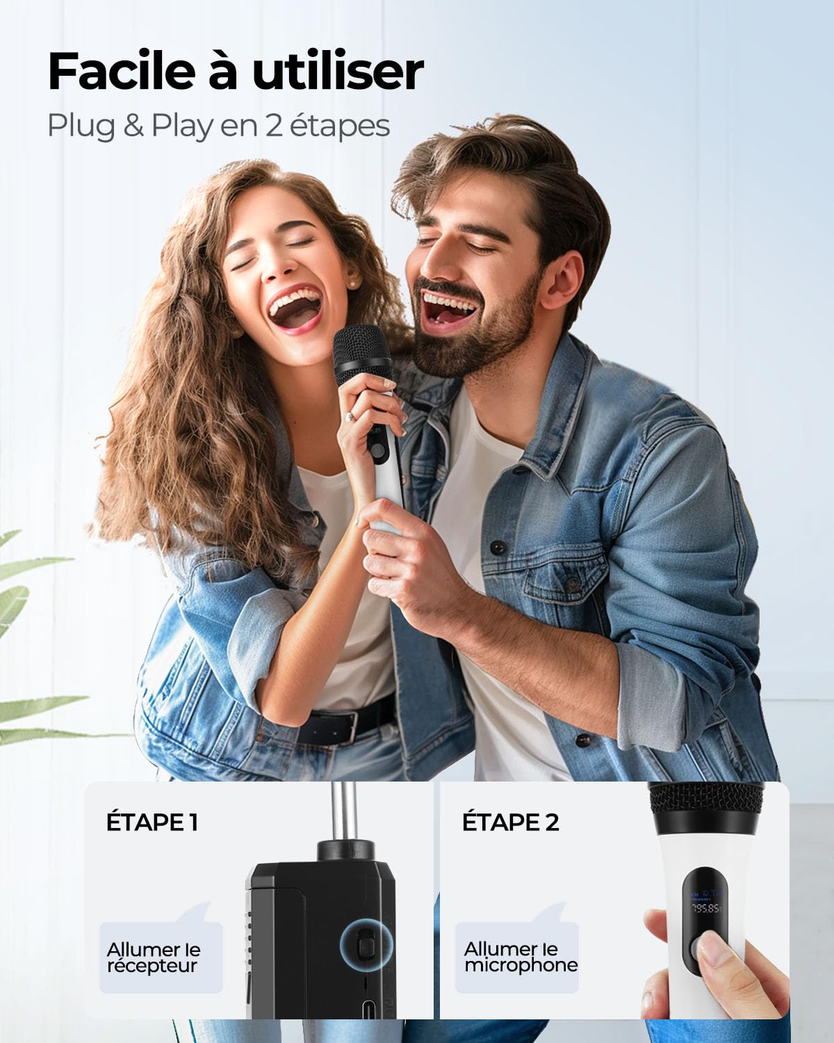 ALPOWL Microphone sans Fil, Double Micro sans Fil Bluetooth Dynamique Numérique avec Récepteur Rechargeable, Portée 60M, Microphone pour Chant, karaoké, Réunion, Église, Mariage