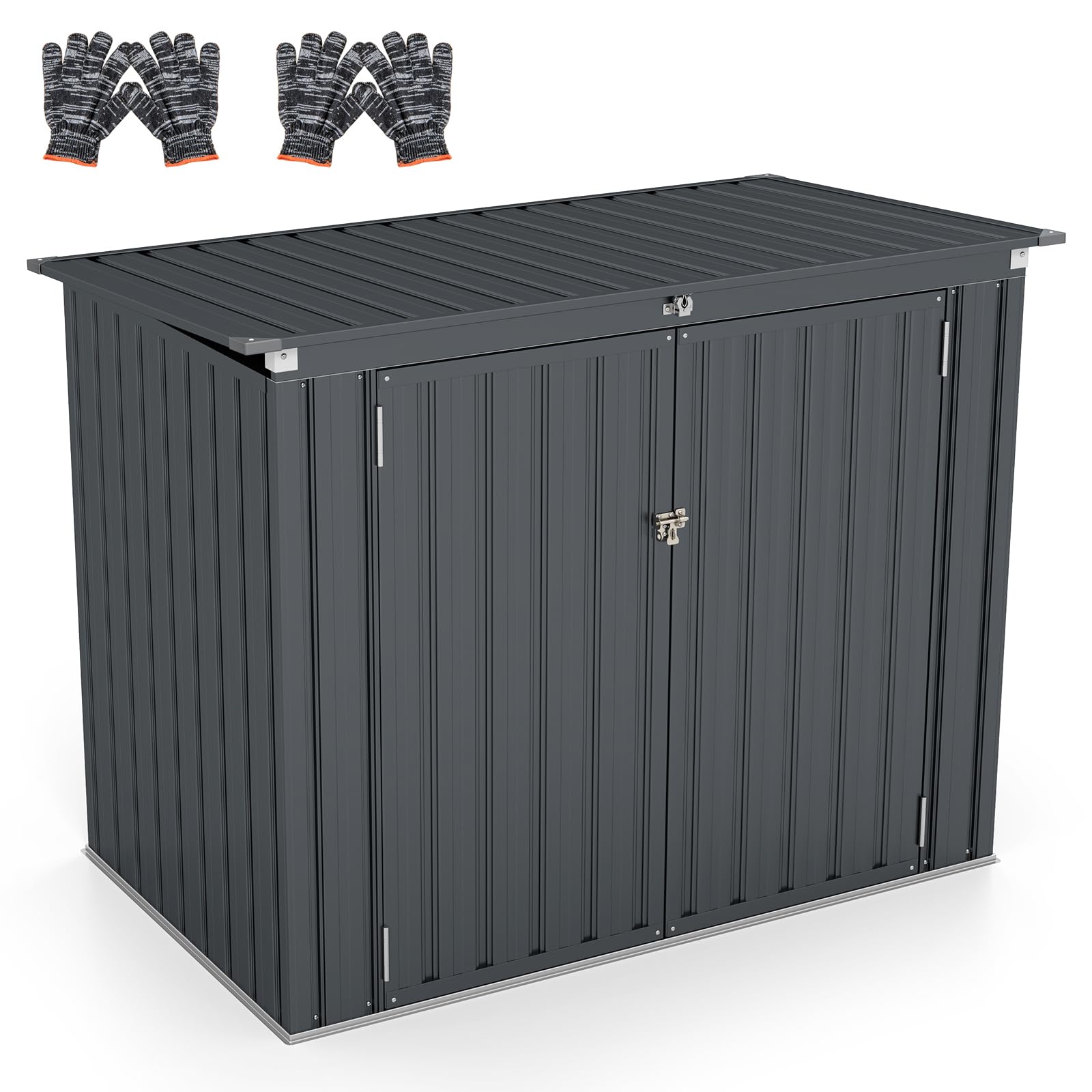 COSTWAY Caseta Jardin Exterior 1,5 ㎡, 2260L, 172x95,5x130 cm, Cobertizo Jardin Exterior, Tapa Abatible y 2 Puertas con Cerradura, Metal, Pistones de Gas, Techo Inlinado, Contenedores de Basura (Gris)