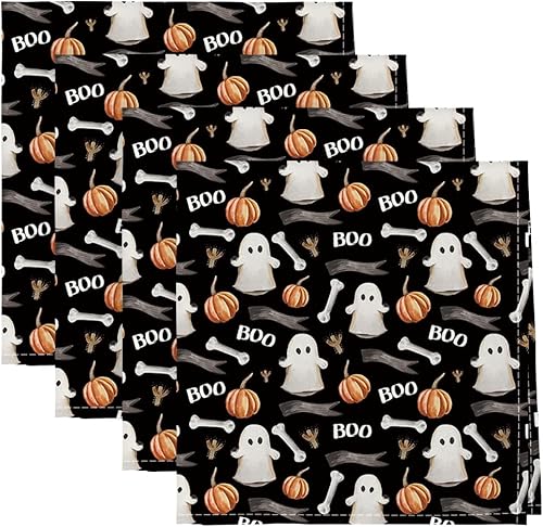 Horaldaily Servilletas de tela de Halloween de 18 x 18 pulgadas, diseño de calabaza fantasma, color negro, decoración de cena, juego de 4