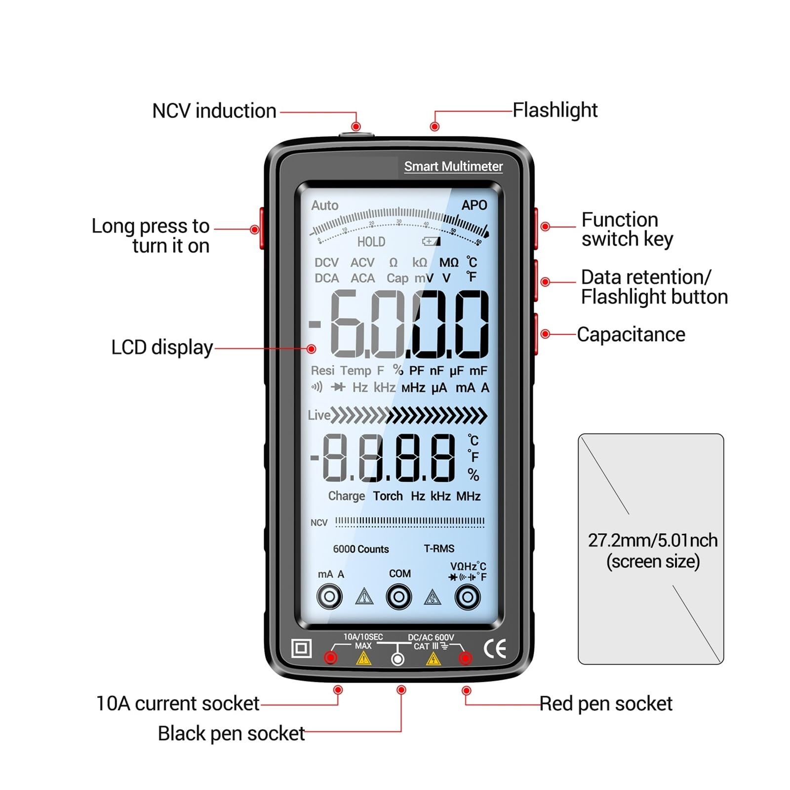 6000 Liczy Multimetr Cyfrowy Inteligentny, Odporny Na Oparzenia Akumulator Uniwersalny Miernik Tester NCV 5-calowy Duży Wyświetlacz LCD Z Podświetleniem(Red)