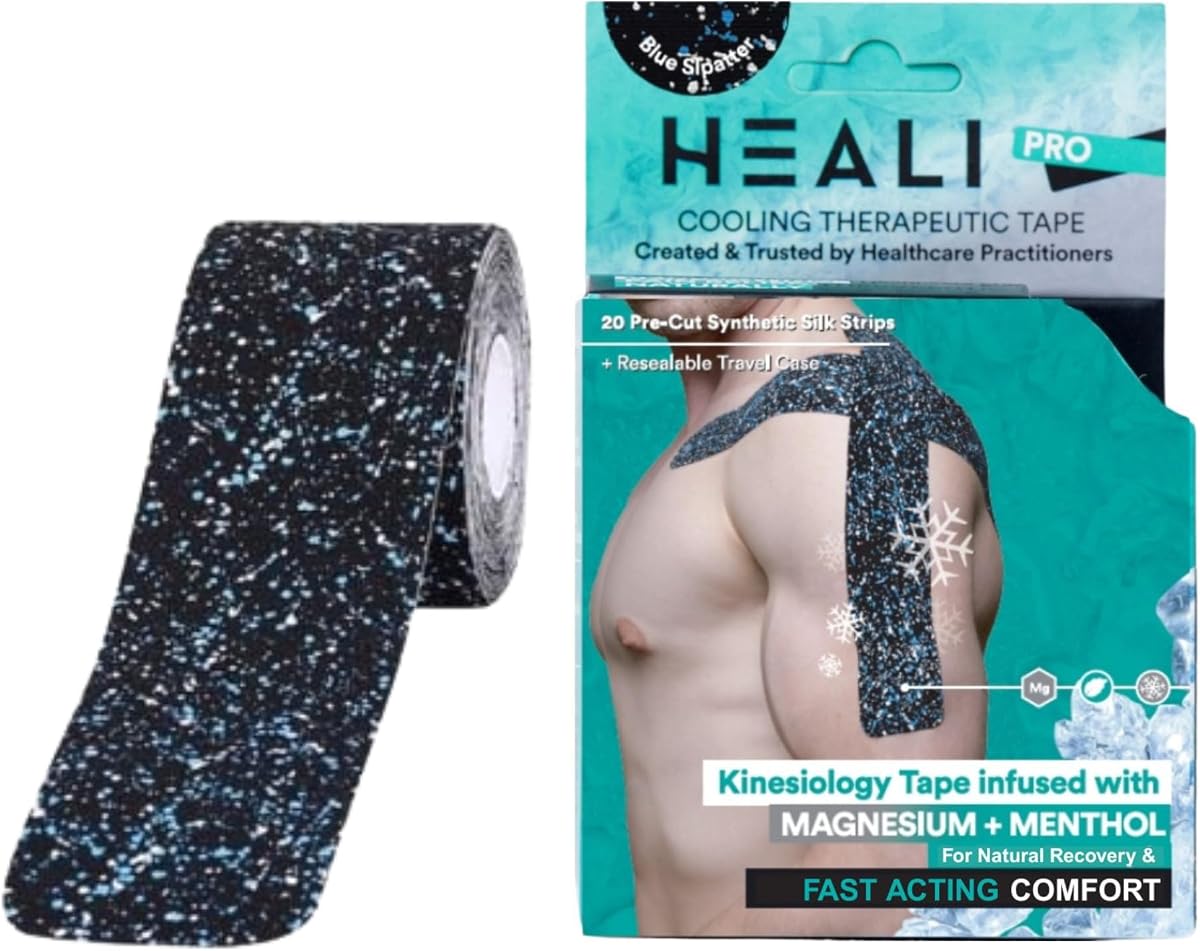 Heali Cinta Kinesiológica con Magnesio y Mentol, 20 Piezas Tiras Precortadas, Rollo de Cinta K, Rodillas, para Fisioterapia, Deportes, Músculos y Articulaciones, Resistente al Agua, Salpicaduras Azules | Cinta de kinesiología Heali con magnesio y mentol - 20 tiras precortadas más rollo de cinta K para rodillas y articulaciones