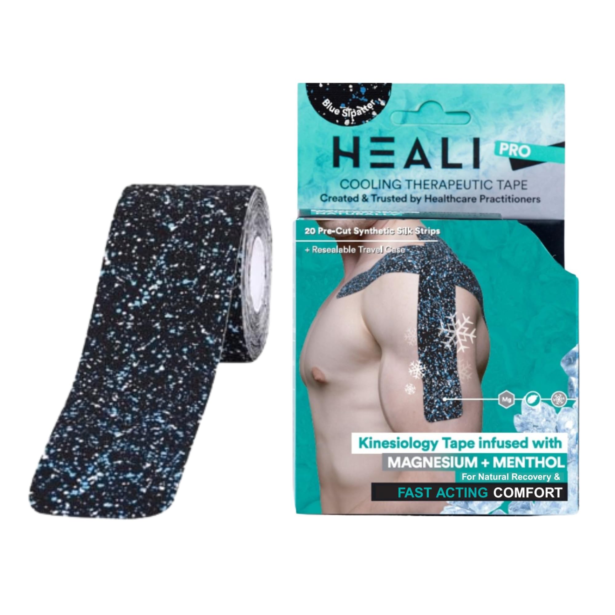 Heali Kinesiology Tape with Magnesium and Menthol, 20 Pcs Precut Strips, K Tape Roll, Knees, Physical Therapy Sports Tape for Muscle and Joint Pain Relief, Water Resistant, Splatter Paint