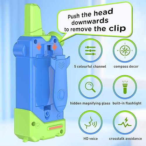 Miniatura 6 de Walkie Talkies para niños, 5 canales coloridos de radio de 2 vías, linterna de brújula y lupa, 3 millas de largo alcance para juego de aventura,