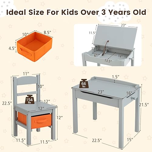Miniatura 35 de HONEY JOY Juego de mesa y silla para niños, escritorio y silla de madera con cajón, soporte para rollo de papel y 2 rotuladores, juego de mesa de