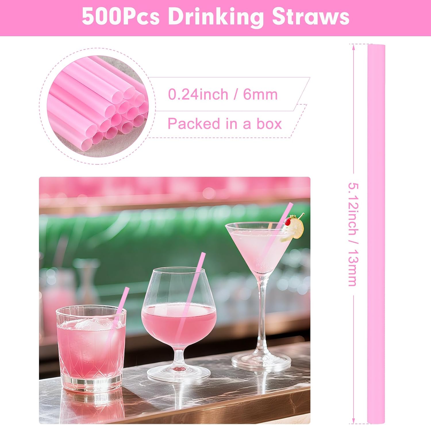 [500 Pcs] 5 Inch Pink Cocktail Straws - 0.24" Diameter Disposable Plastic Drinking Straw for Coffee and Cocktail, Cute Short Straws for Bar,Cafe,Club,Party
