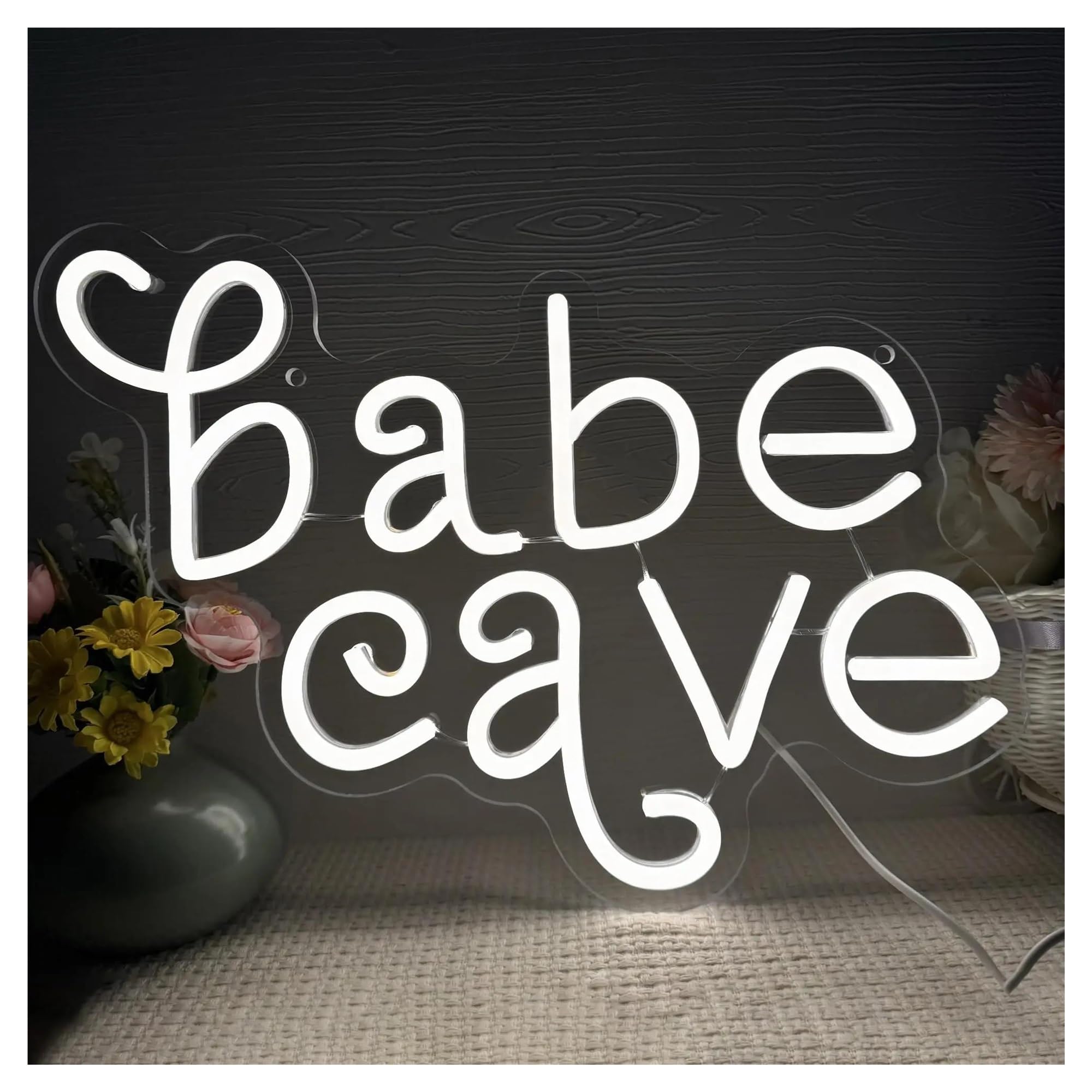 BYNGQW Hanging Art Neon Signs Babe Cave Letters Neon Signs White LED Light USB Powered Dimmable, for Bedroom Party Wall Decoration 27cm×37.5cm