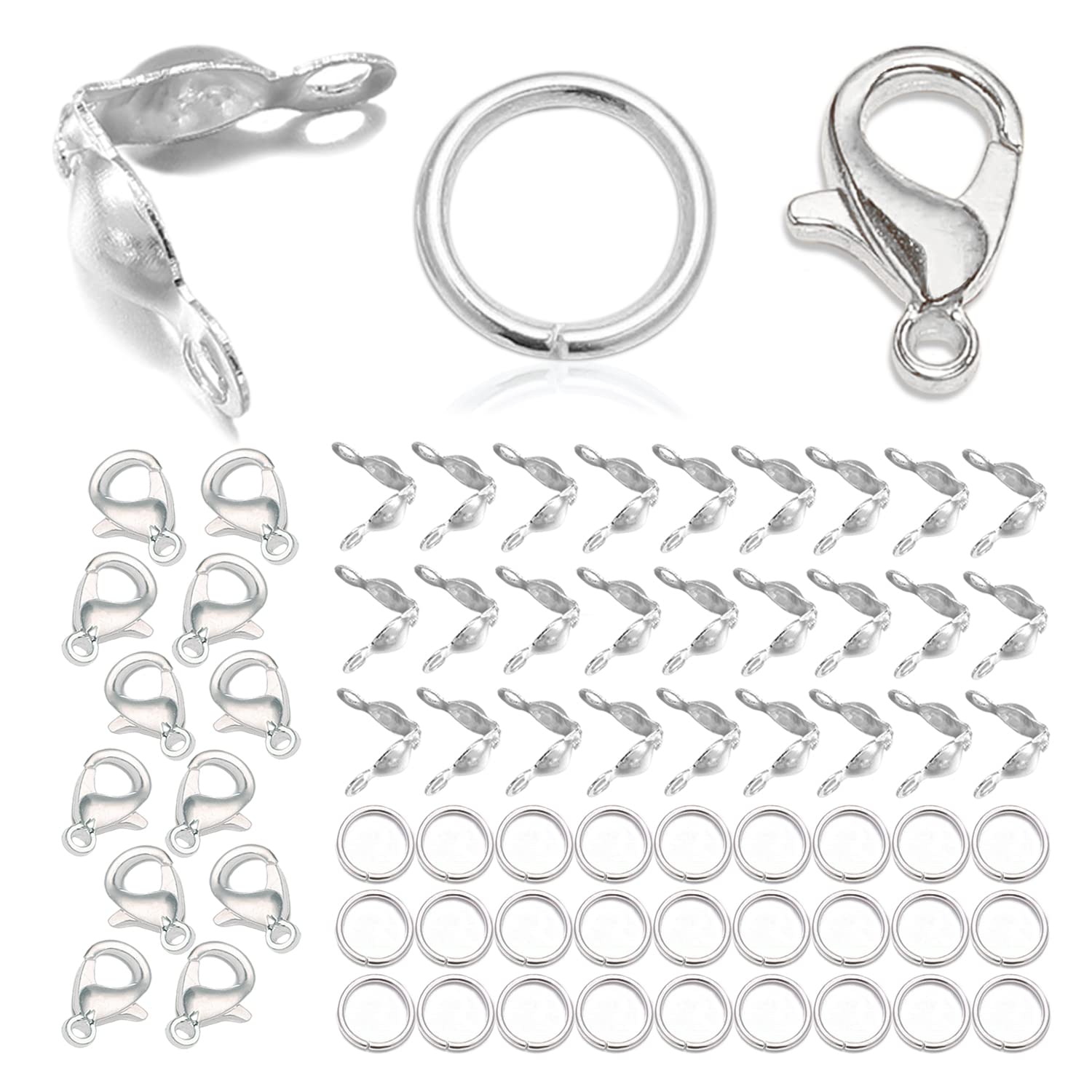 450pcs Jewelry Making Accessories Set Includes 200pcs Open Jump Ring Connectors 200pcs Bead Tips Knot Covers and 50pcs Lobster Claw Clasps for Bracelet Necklace Jewelry Crafts Making Supplies (Silver)
