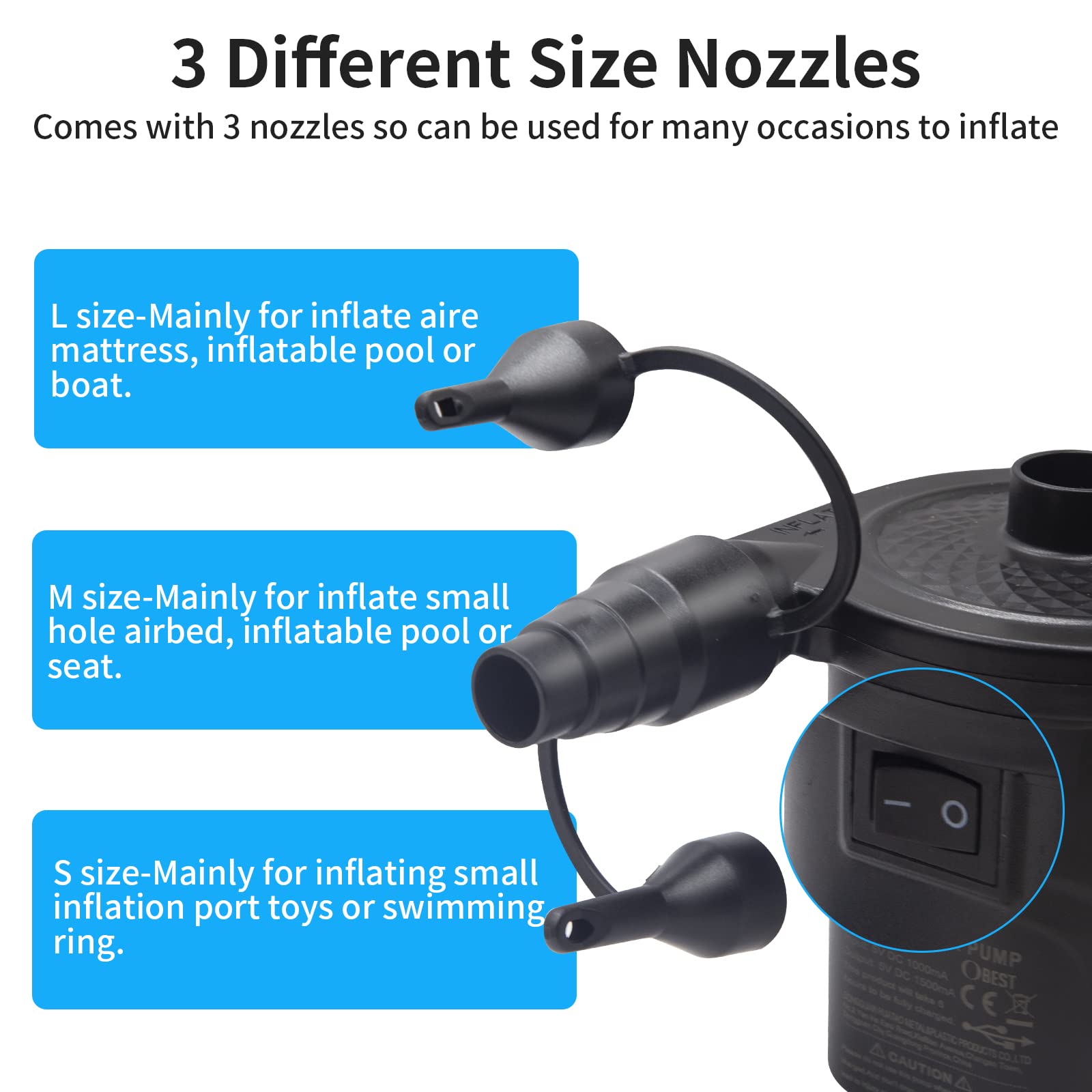 OBEST Pompa Elettrica Ricaricabile, Mini Pompe Aria Elettriche USB Portatile, 3 Ugelli Pompa Elettrica 4000 mAH Viene Utilizzata per Materasso/Piscina con Pompa ad Aria/Molo all'aperto/Gommone