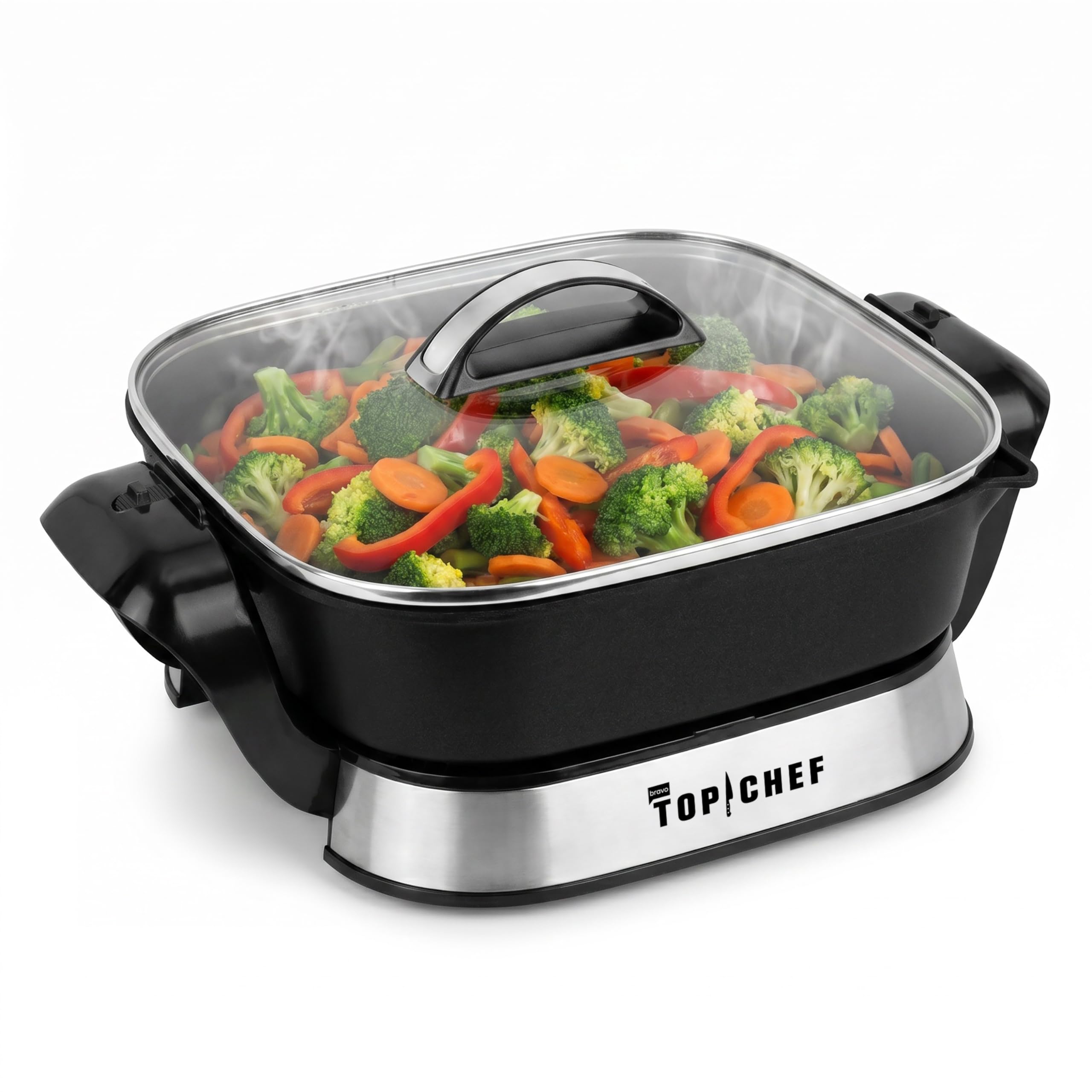 Top Chef 11.4" Space-Saving Electric Skillet with 1200W Fast Heating, Nonstick Interior, Glass Lid, Adjustable Temperature Control, Pour Spout and Folding Handles