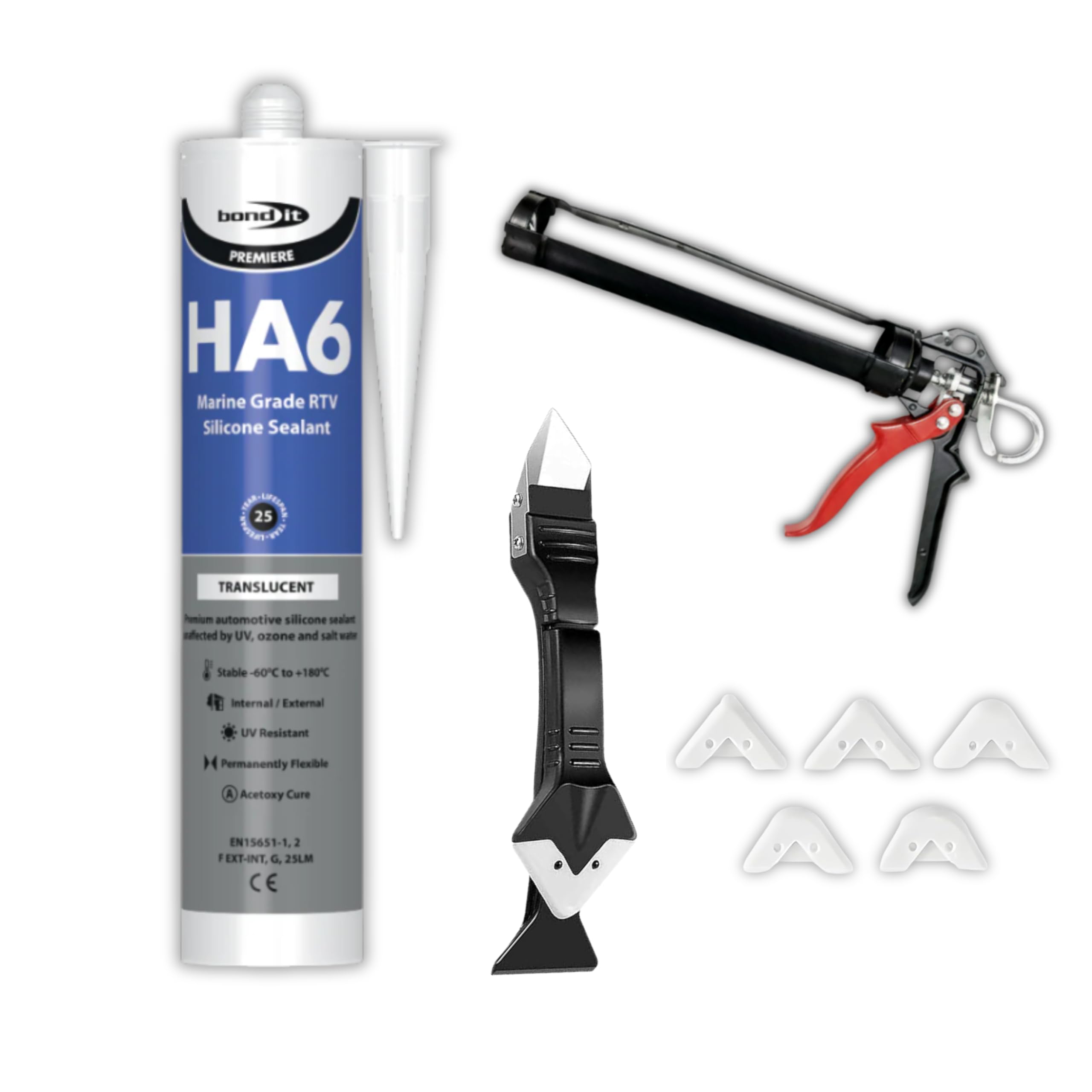 Bond-It HA6 Marine Silicone Sealant Clear 310ml, UV & Saltwater Resistant, Bundled With Caulking Gun, 3-In-1 Silicone Tool Remover And Finisher, Clear Sealant