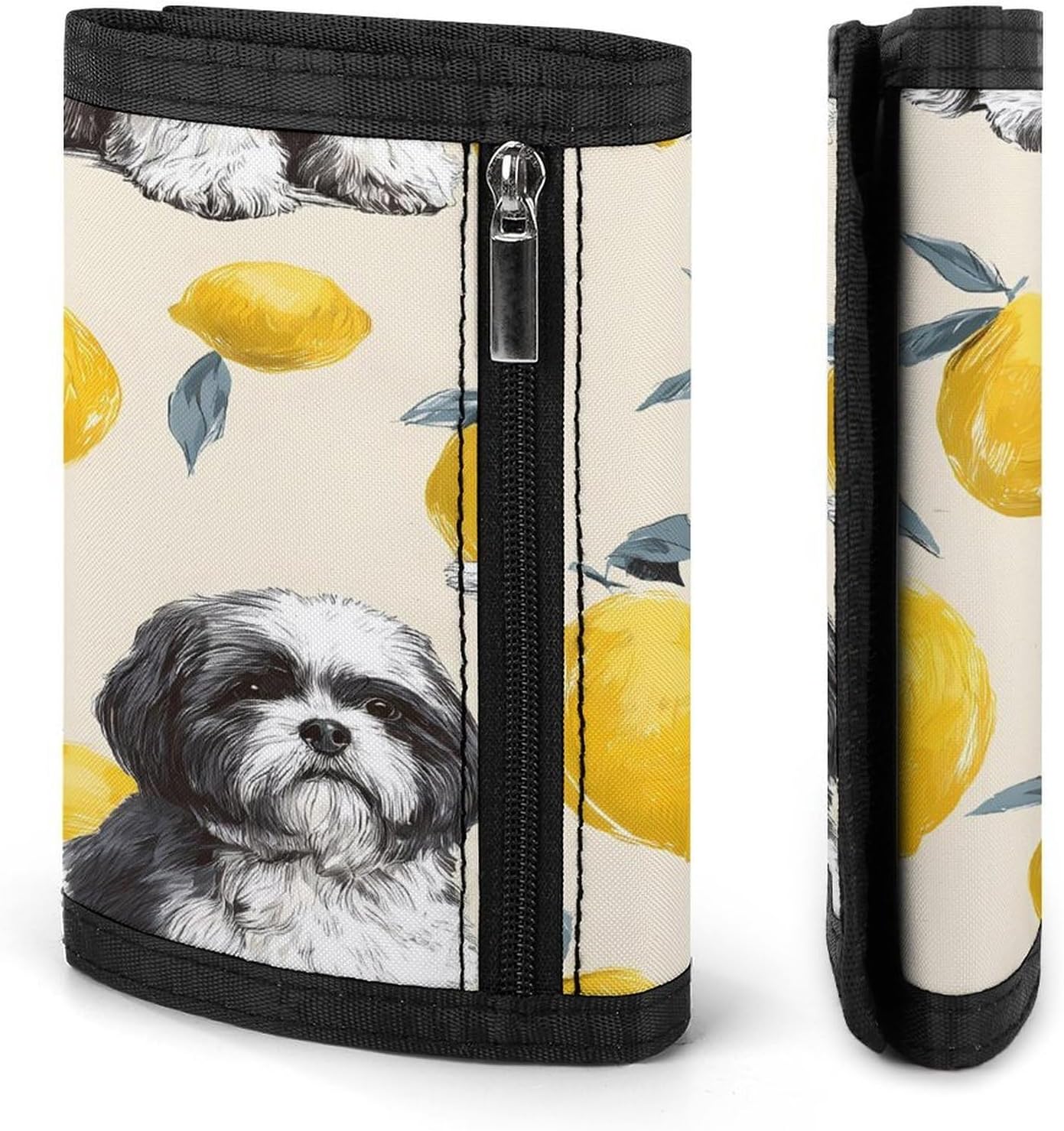 Shih Tzu Dog And Lemon Trifold Slim Wallet Front Pocket With Money Clip And ID Credit Card Slots For Travel Work