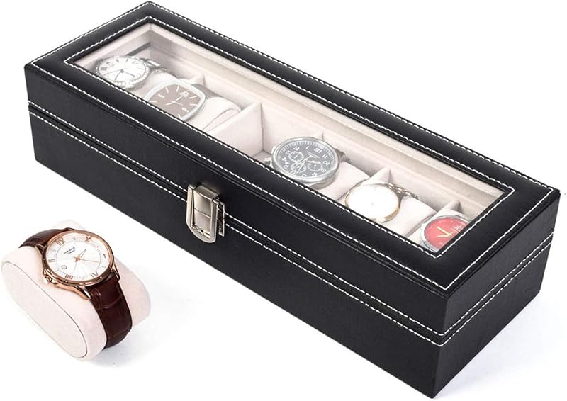 Jhhviewo Watch Box for Men,6 Slot Mens Watch Case with Large Glass Lid,Watch Storage Box Watch Holder Organizer,Watch Display Case for Men & Women Gift