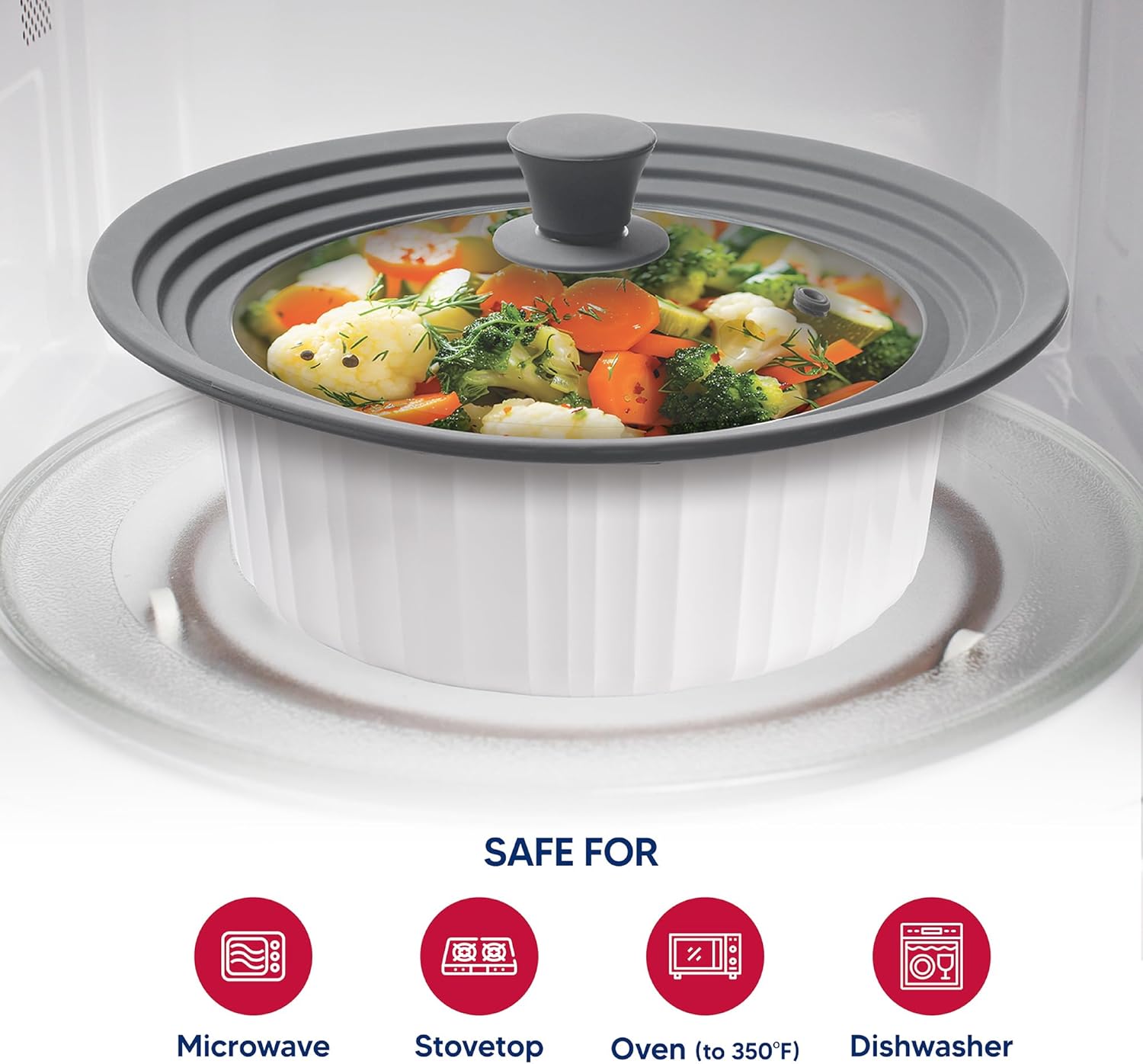 HIC Kitchen Universal Pot Lid Microwave Cover, Tempered Glass and Silicone, Fits 8.5-Inch to 11.5-Inch Bowls and Pots