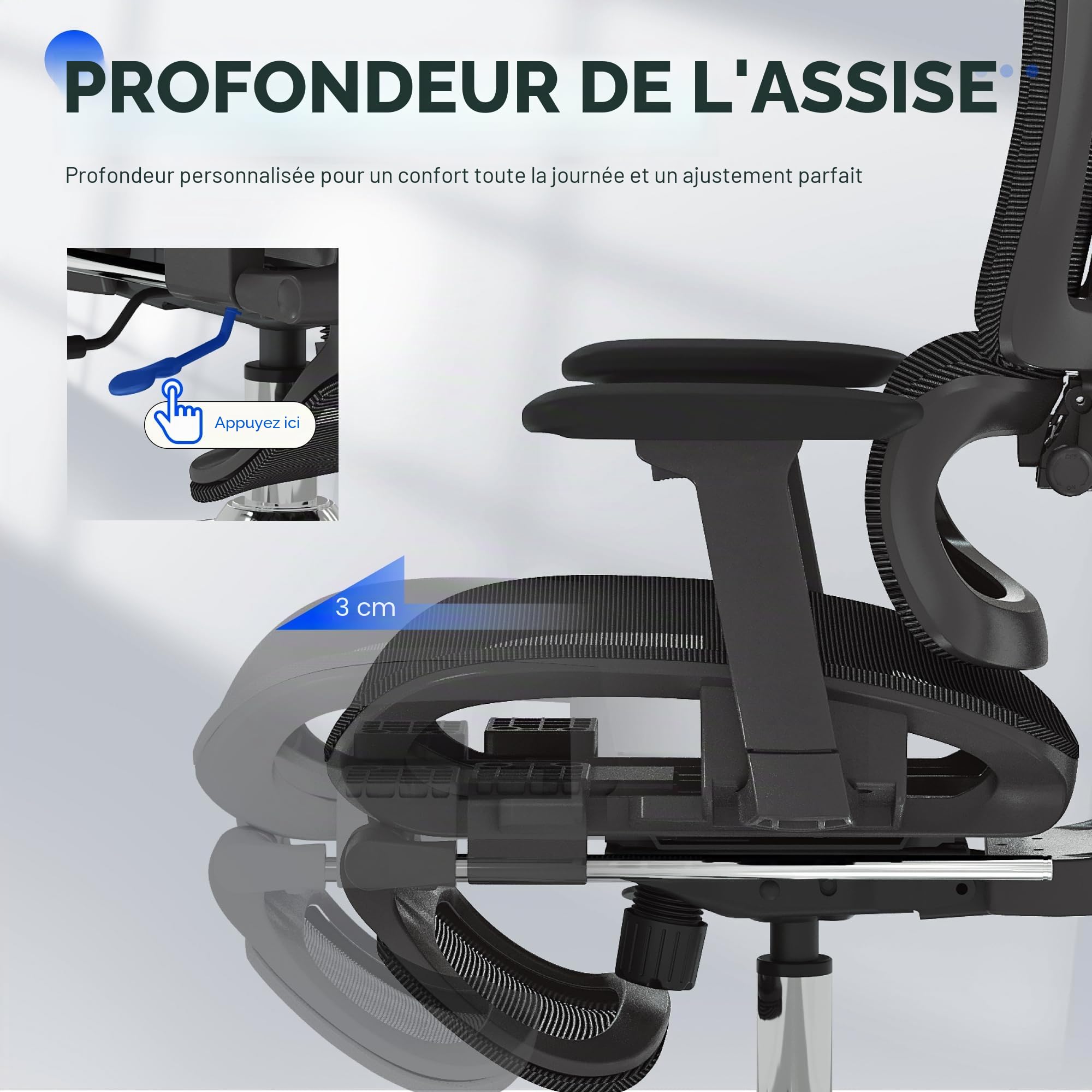 FLEXISPOT ErgoX Chaise Bureau avec Repose-Pieds, Accoudoirs 3D, Chaise de Bureau Ergonomique en Maille Pivotante, Réglable en Hauteur avec Appuie-tête et Soutien Lombaire Indépendant, Noir