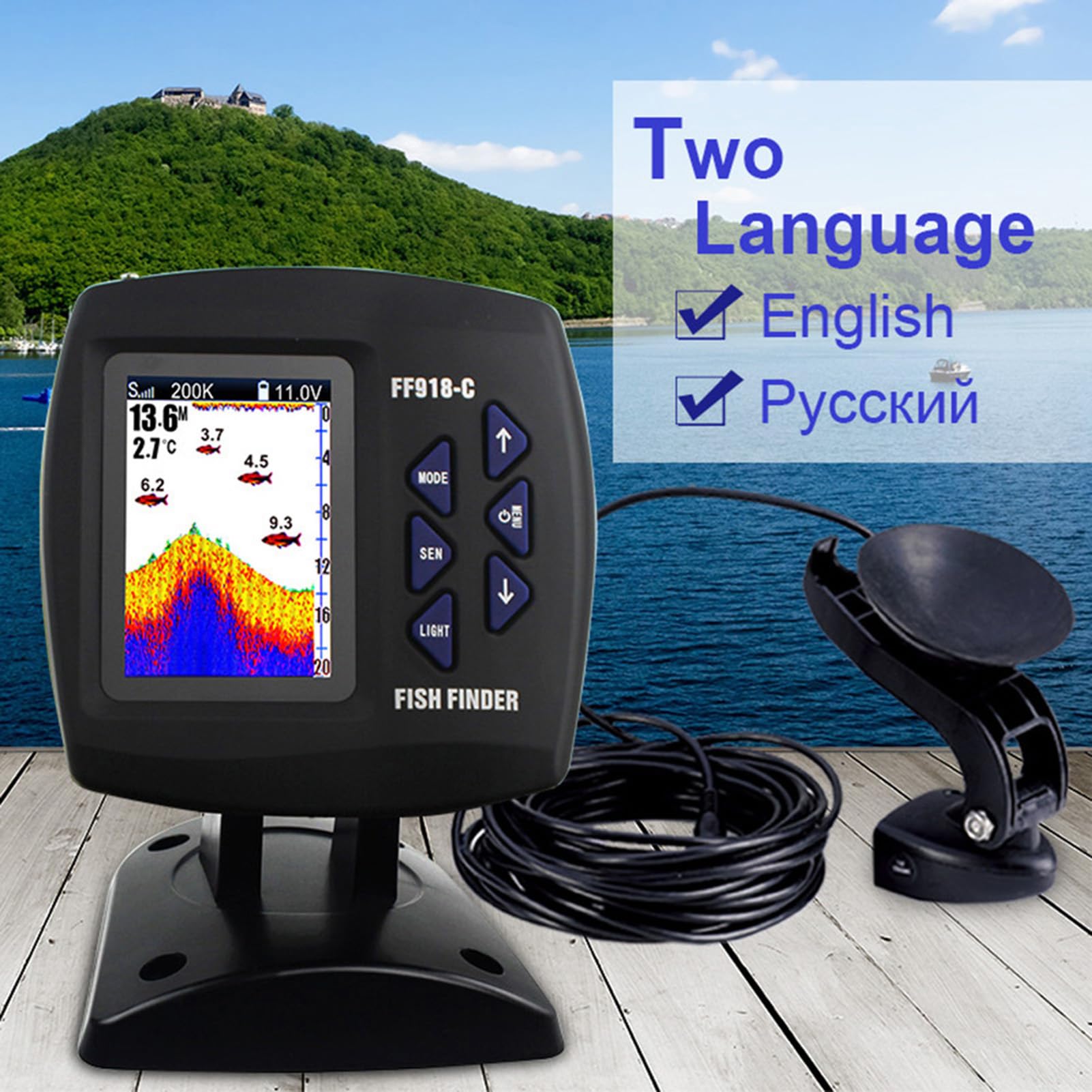 Ecoscandaglio con Schermo a Colori Display a Colori Ecoscandaglio LCD da 3,5 Pollici Cablato Doppia Frequenza 328 Piedi 100 M Sonar con Galleggiante