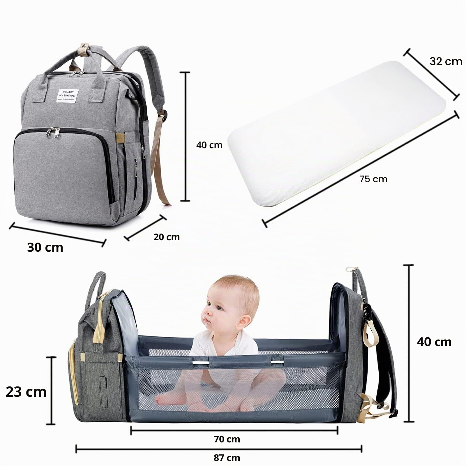 Mochila para Pañales Plegable,Bolsa de Cambio de Pañales Portátil,mochila para bolsa de bebé,Bolsa de Pañales Convertible,Gran Capacidad, Impermeable,para Bebépara cochecito (Gris)