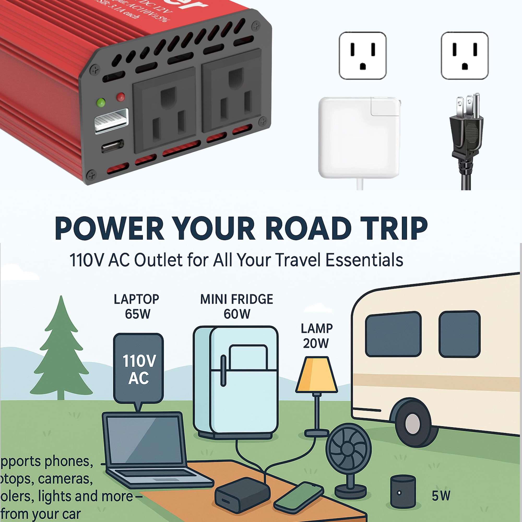 Pro Chaser - Przetwornica mocy 400 W do pojazdów - falownik samochodowy DC 12 V na 110 V AC, porty USB-A, PD 65 W USB-C, podwójny adapter prądu przemiennego do laptopów sprężarek
