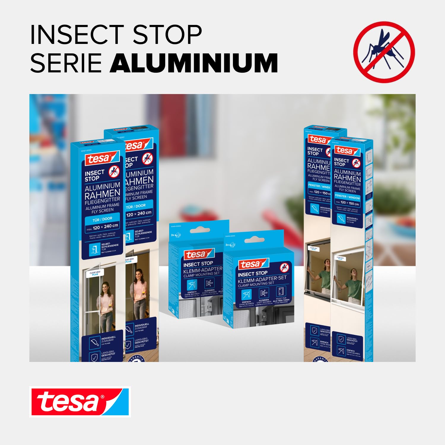 Tesa Insect Stop Alu Comfort Zanzariera per Porte con Telaio in Alluminio e " Clear-View " - Rete per Zanzare per Porta - Antracite, 100 cm x 220 cm