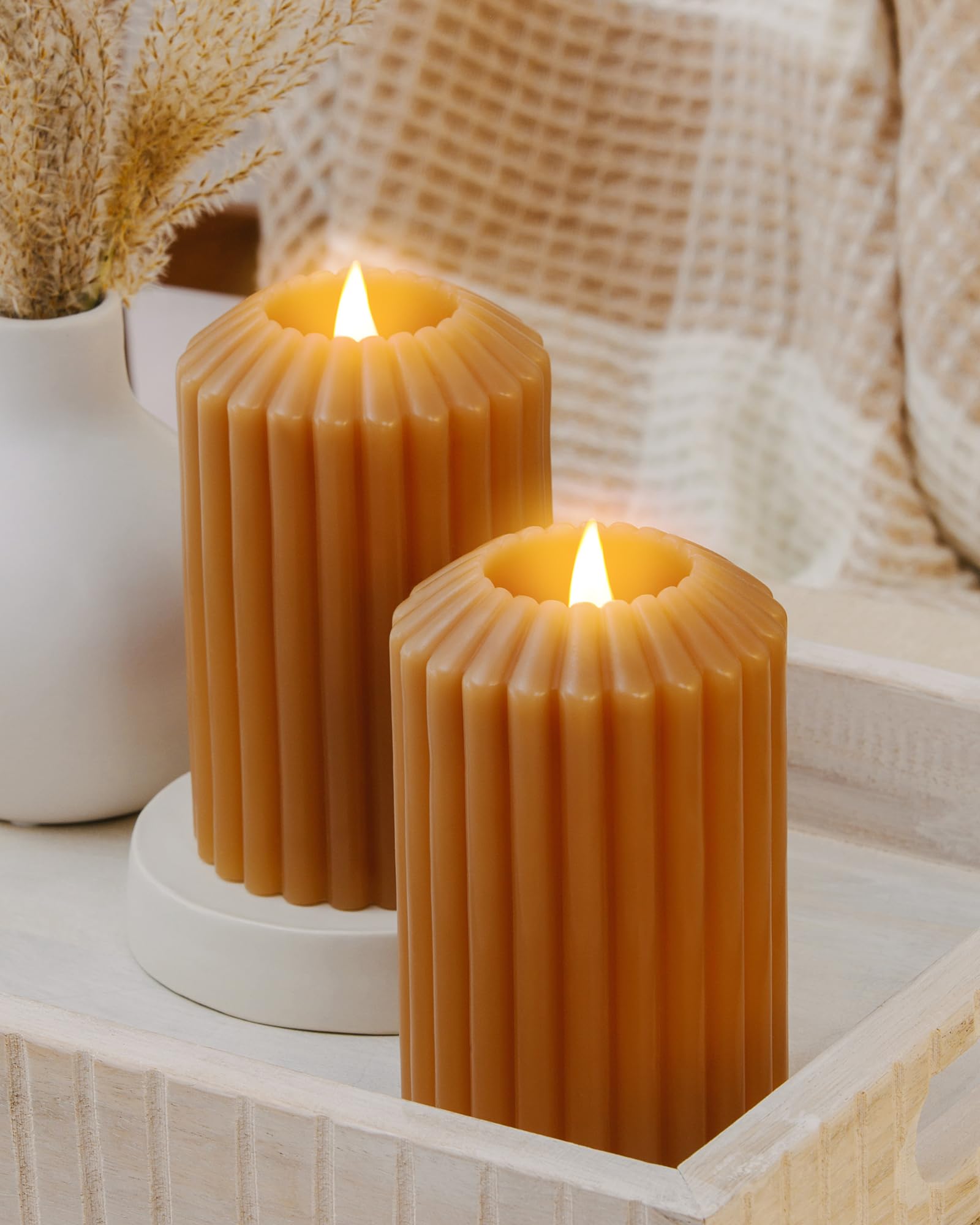 Simply CollectedFlickering Flameless Candles with Remote 2PK - Battery Operated 3D Moving Flame with Timer, LED Candle Runs 800+ Hrs, Real Wax Pillar, Unscented, Set of 2 Ribbed Honey 3x5 inch