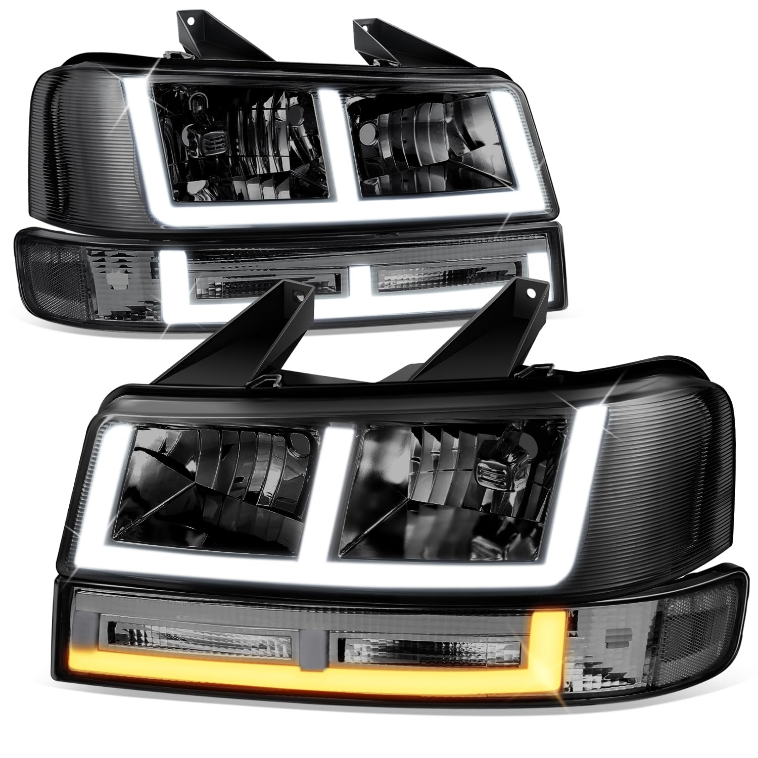 Auto DynastyHeadlights and Bumper Lamps Compatible with 03-24 Chevy Express GMC Savana 1500-4500, with Switchback E-LED DRL Running lights, Driver and Passenger Side, Smoked Lens Clear Corner