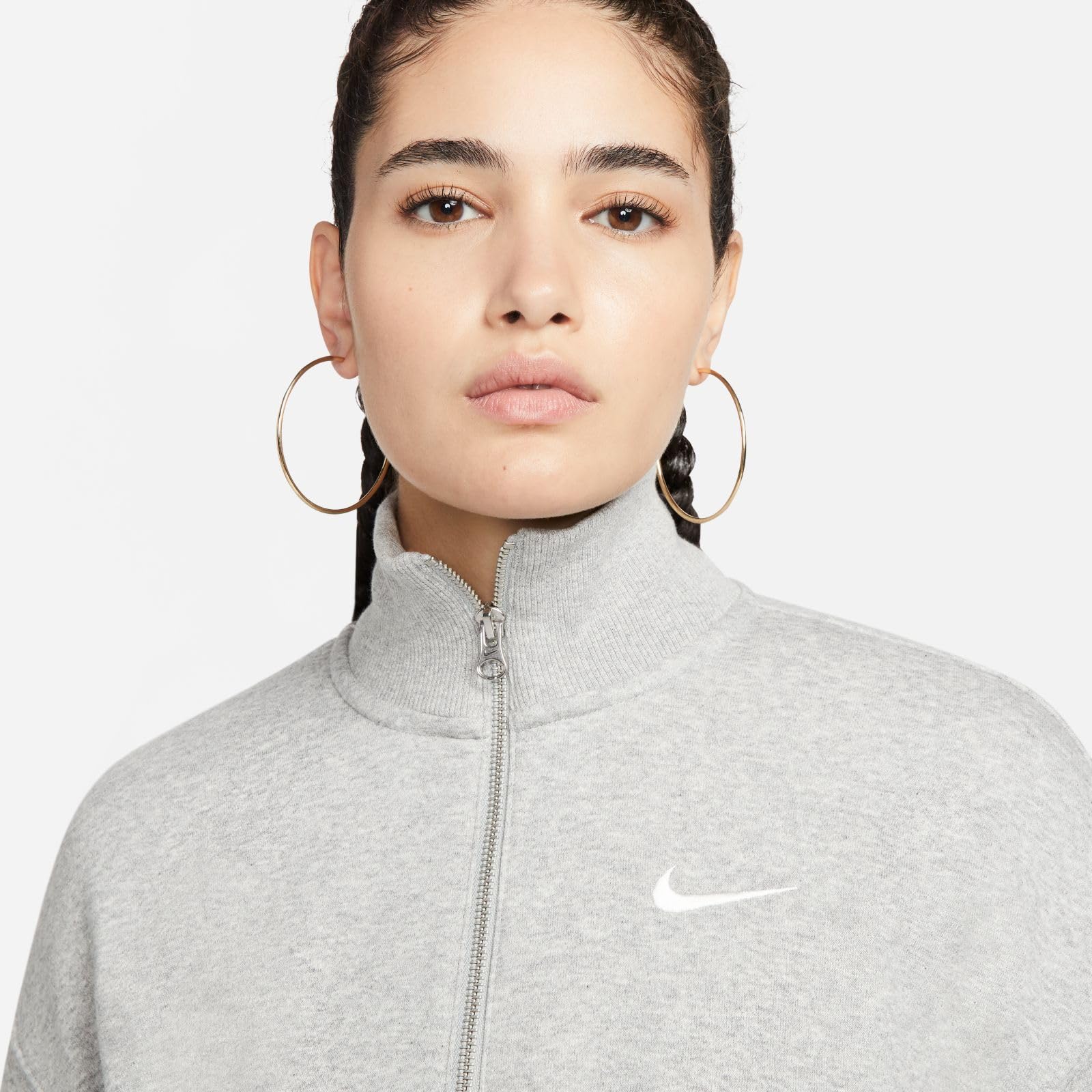 NIKE Long Sleeve Top W NSW Phnx FLC Qz Crop, DK Grey Heather/Sail, DQ5767-063, 2XL