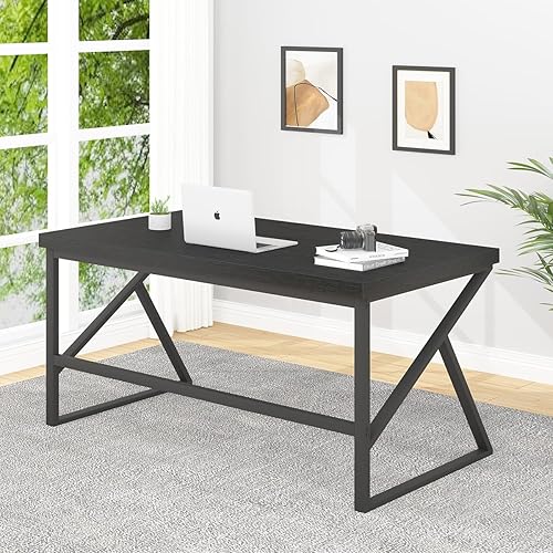 Miniatura 8 de HSH Escritorio blanco, moderno escritorio para computadora portátil para oficina en casa, escritorio grande industrial de madera de metal para