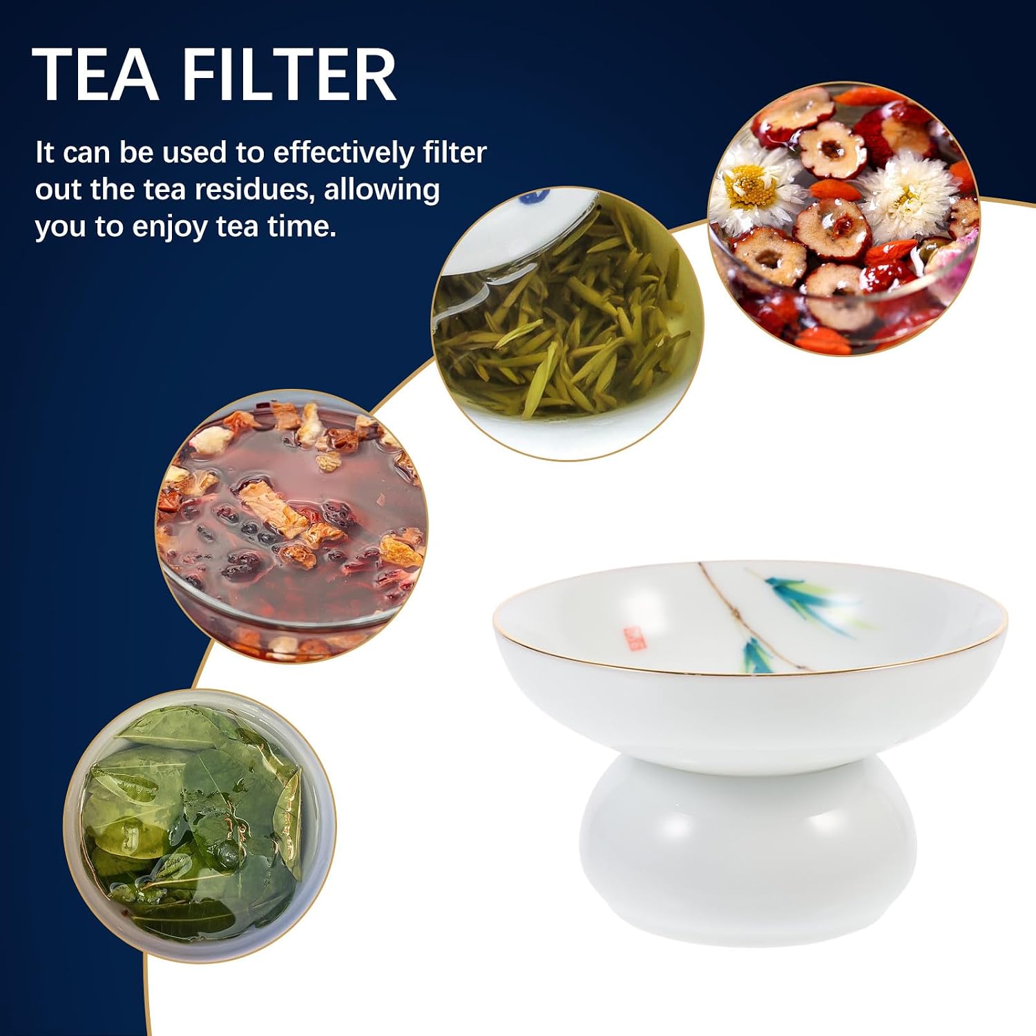 Ceramic Tea Infuser and Strainer with Hand-painted Design Fine Mesh Filter with Stand Reusable Tea Accessories for Loose Leaf Brewing
