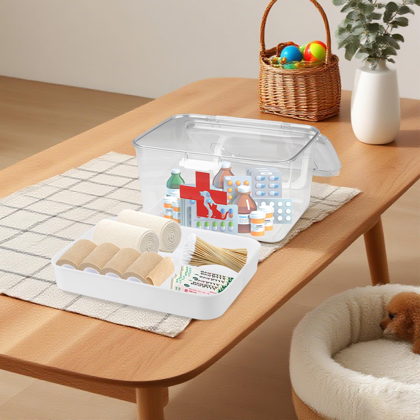Erste Hilfe Box Hund Katze – 2-lagige Haustier Medikamentenbox mit Griff – Transparente Aufbewahrungsbox für Haustierapotheke & Reiseapotheke – Kunststoff Organizer für Hund & Katze