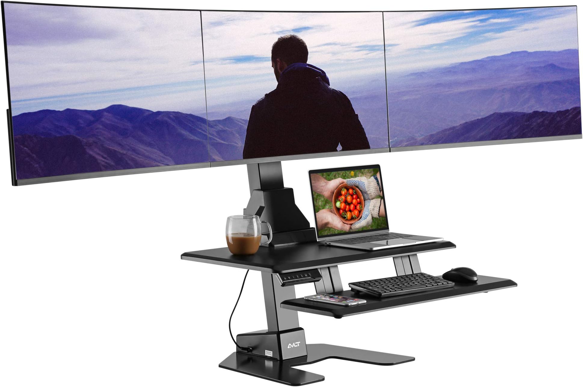 AVLT Electric Standing Desk Converter for Triple 32" Monitors, Motorized Sit to Stand Riser with 28"x16" Tabletop, Large Keyboard Tray, Height Adjustable, Sturdy Base, Small Footprint