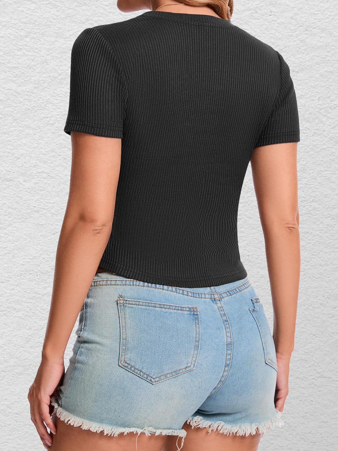Crop Tops for Women V Neck Ribbed Knit Fitted Shirts Trendy Summer Basic Tees Textured Solid Color Blouse - Image 3