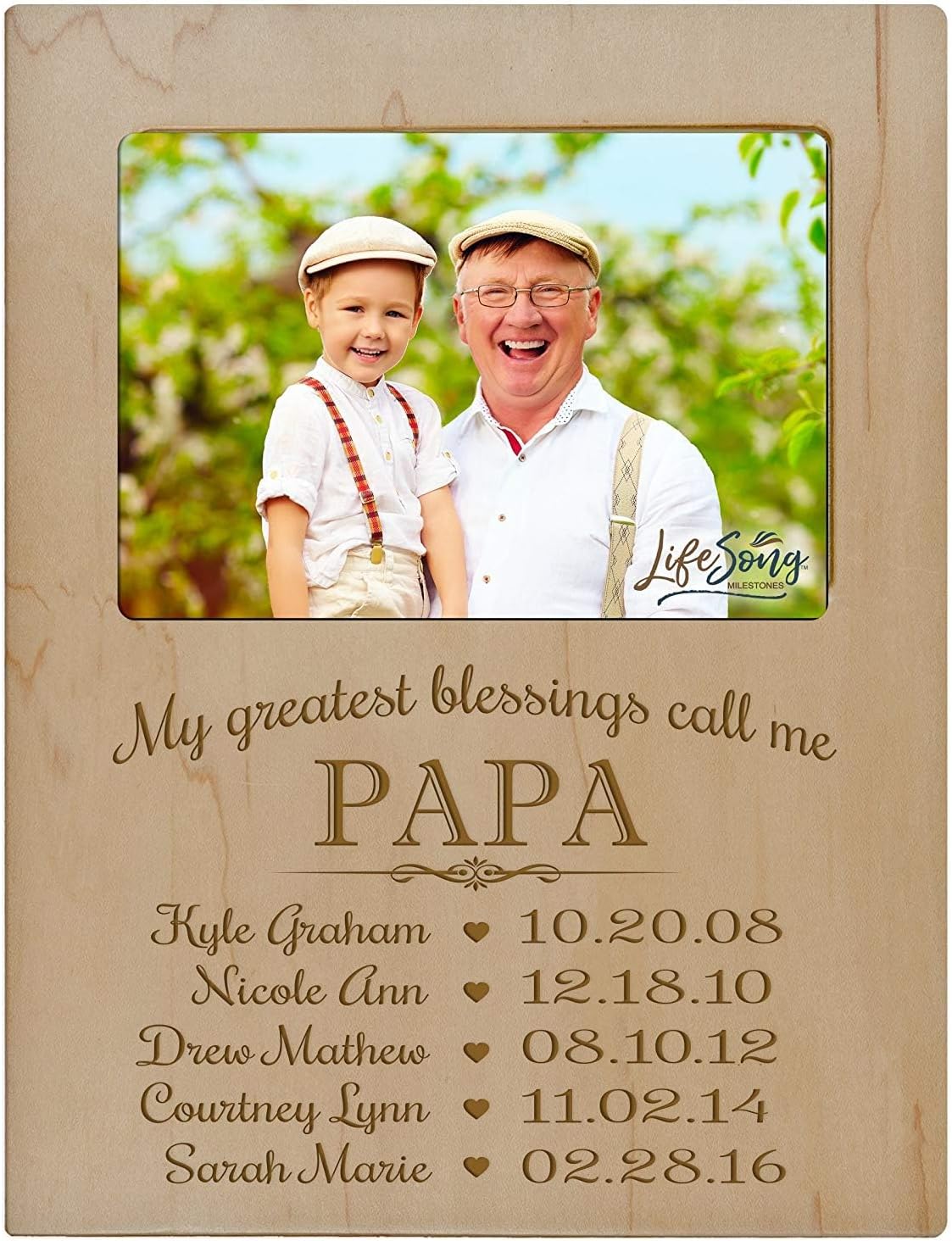 LifeSong Milestones Personalized Gift for Papa Picture Frame with Children's Names and Kid’s Birth Date Special Dates My Greatest Blessings Call me Papa Holds 4x6 Photo (Ivory)