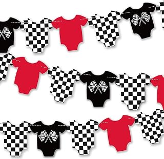 FYSUIMU Race Car Baby Shower Banner Hanging Garland Red Black White Bodysuit Flag Plaid Hanging Banner DIY Required for Gender Reveal Birthday Gingham Onesie Party Decorations