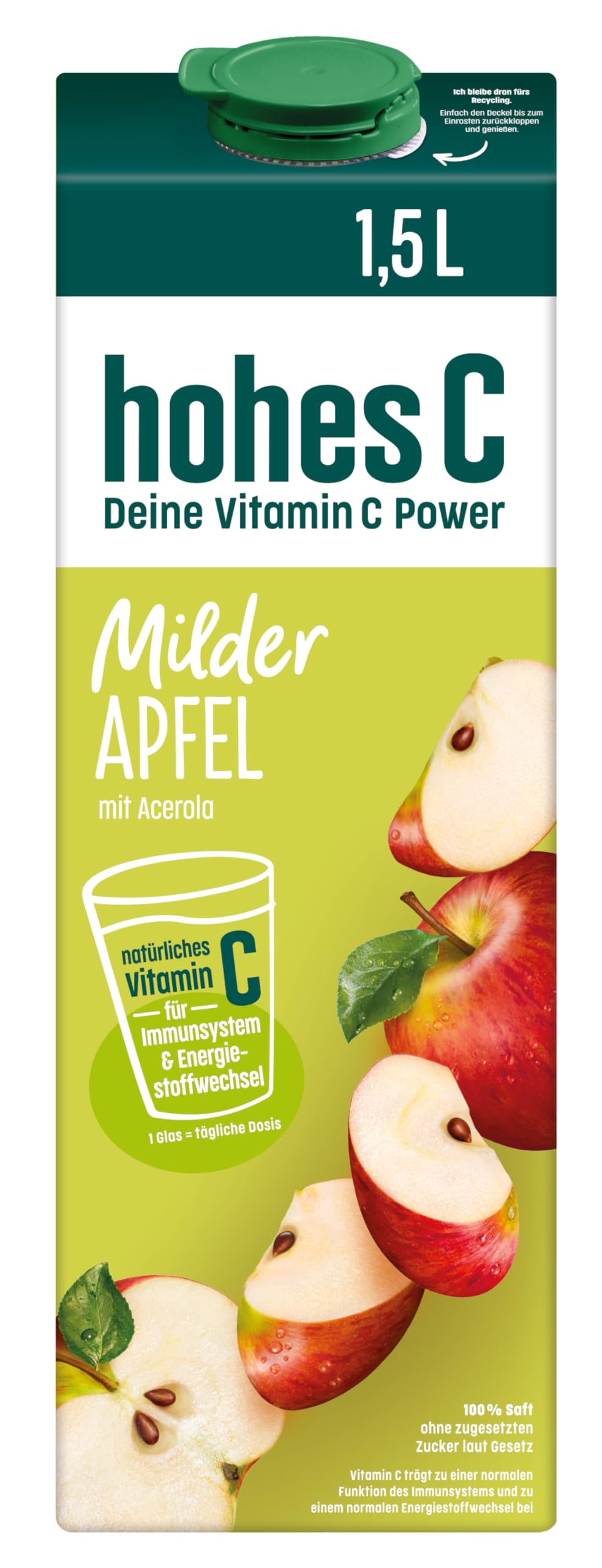 hohes C Milder Apfel (1 x 1,5l), 100% Saft, Apfelsaft, Vitamin C, ohne Zuckerzusatz laut Gesetz, weniger Säure, vegan