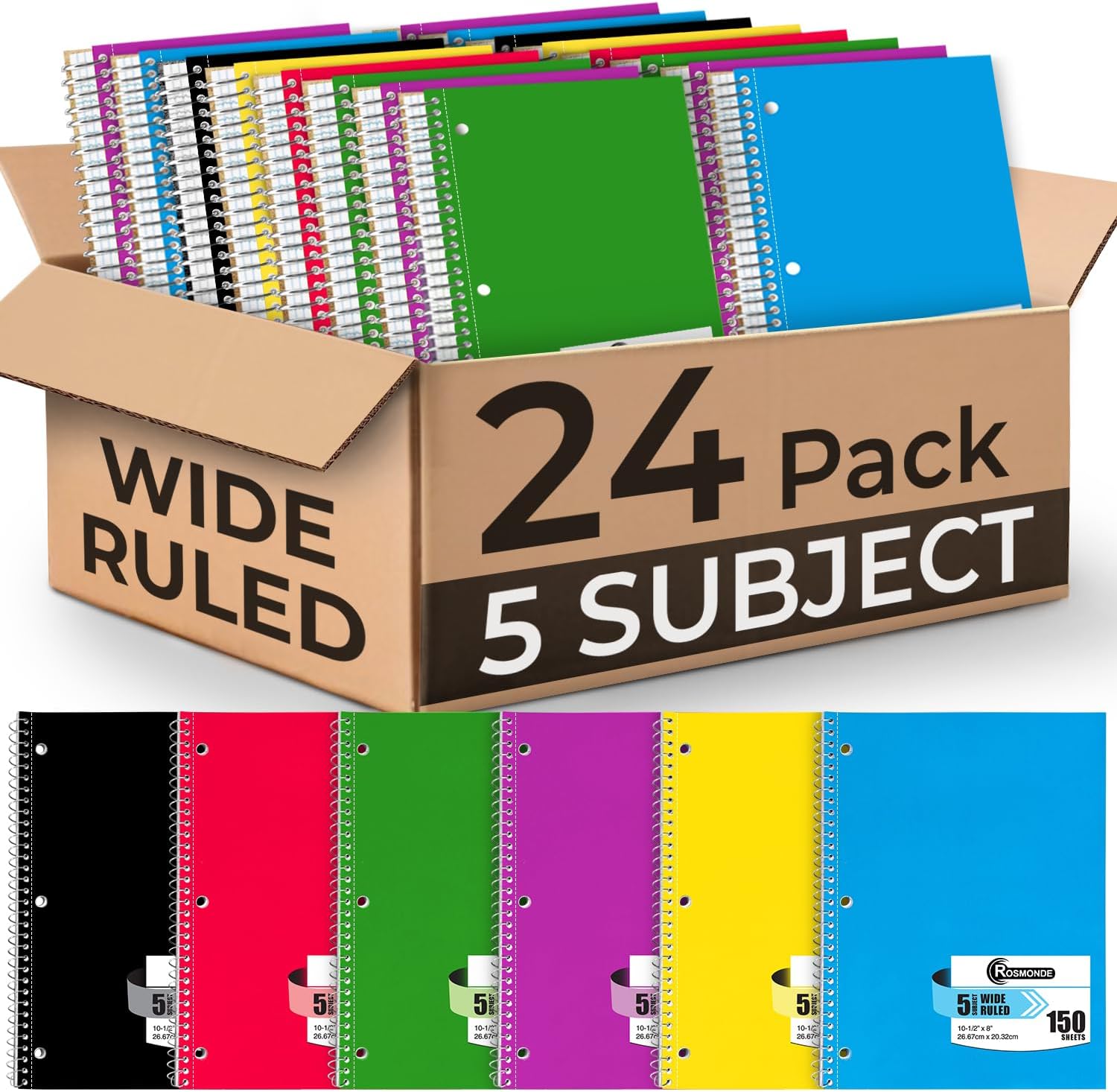 Rosmonde 24 Pack Spiral Notebook, 5 Subject, 300 Pages/Book (150 Sheets), Wide Ruled, 8 x 10-1/2, Bulk Subject Notebooks for Office & School, Office Spiral Notebooks, Soft Cover, Assorted Colors