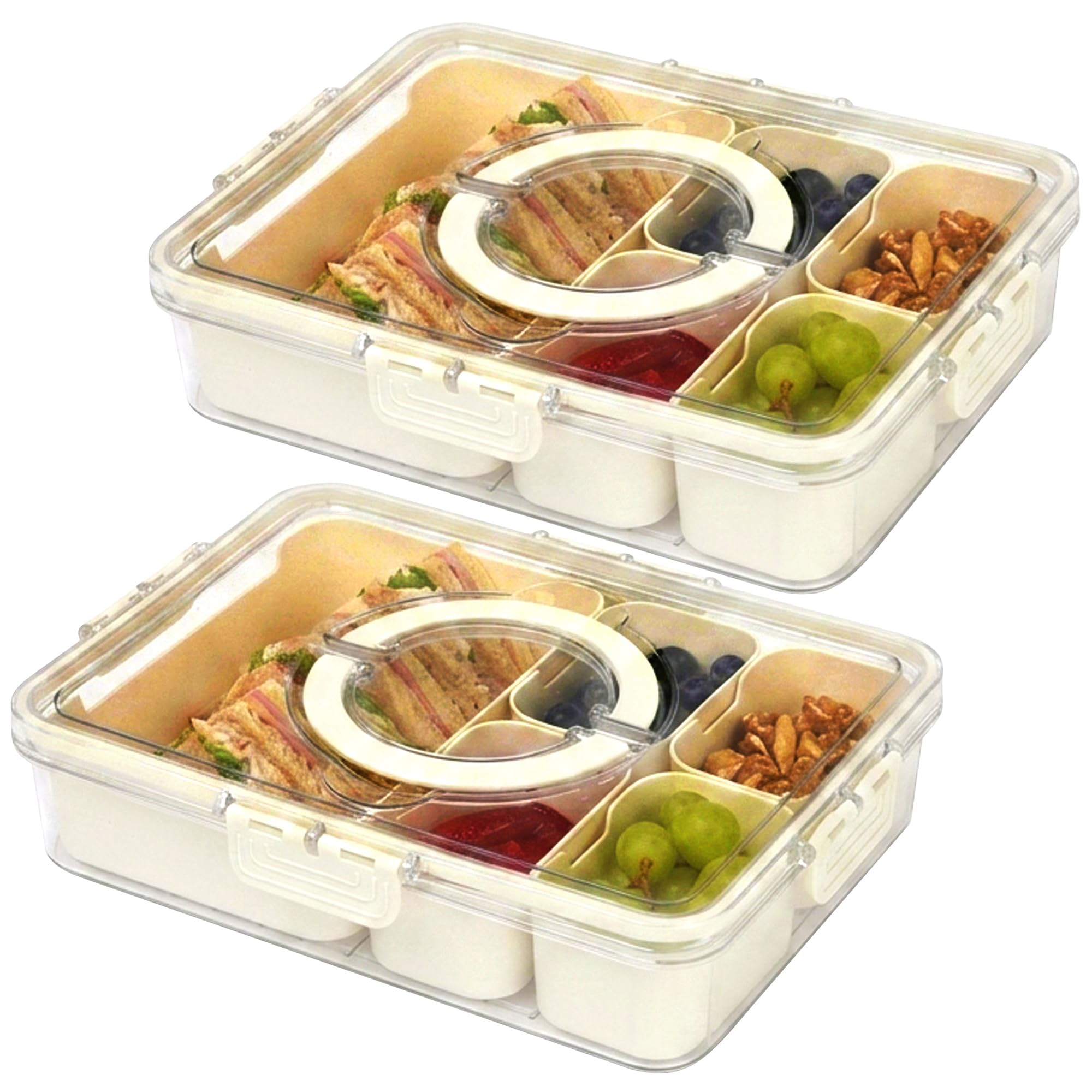 LIVIVO 2-pack Snack Box with Compartments - 5 Removable Trays, Portable Snack Tray with Lid, Handle,Four Snap Locks - Silicone Seal, BPA Free - Ideal for Fruit, Snacks,Nuts, Spices, Picnics & Parties