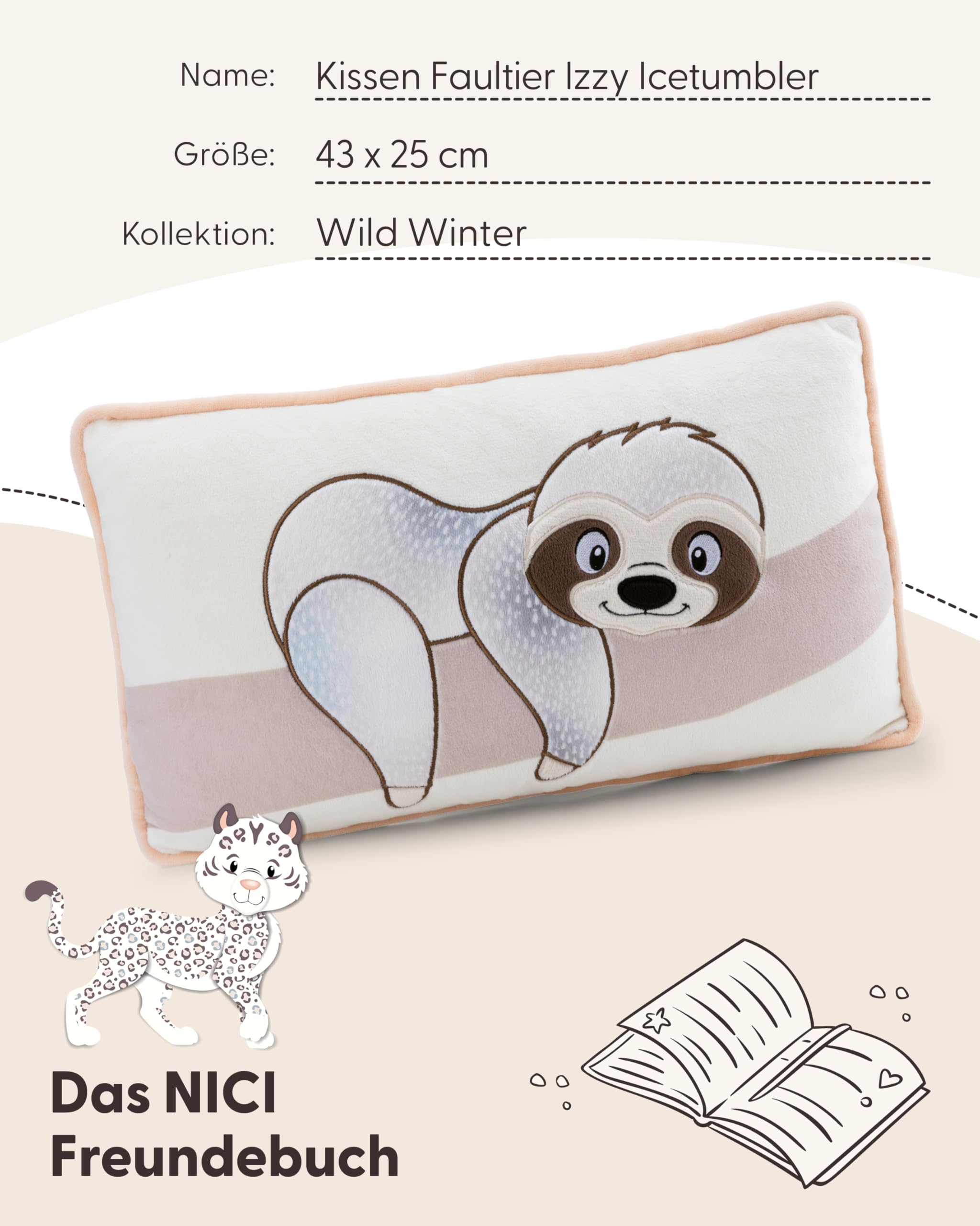 NICI Kuscheltier Kissen Faultier Izzy Icetumbler 43x25cm - beige - Flauschiges Kuschelkissen für Kinder und Erwachsene, Plüschkissen ideal für Zuhause, Kindergarten oder unterwegs - 62446