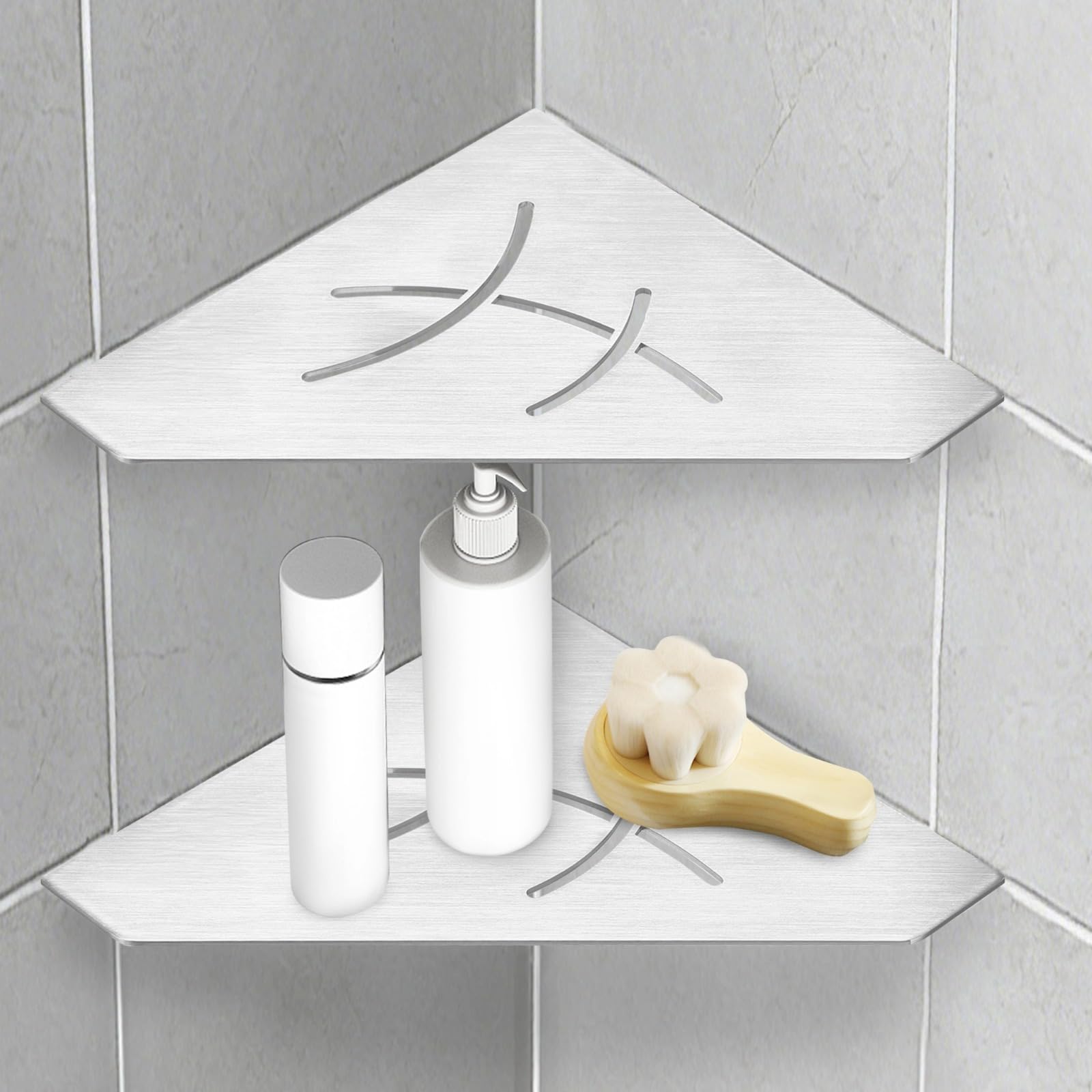 2 Stk. Eckablagen für die Dusche, 25,4 cm Wandnische aus gebürstetem Edelstahl mit Ablaufschlitzen, eingelassener Badorganizer für Shampoo, Seife und Flaschen, fünfeckig platzsparend