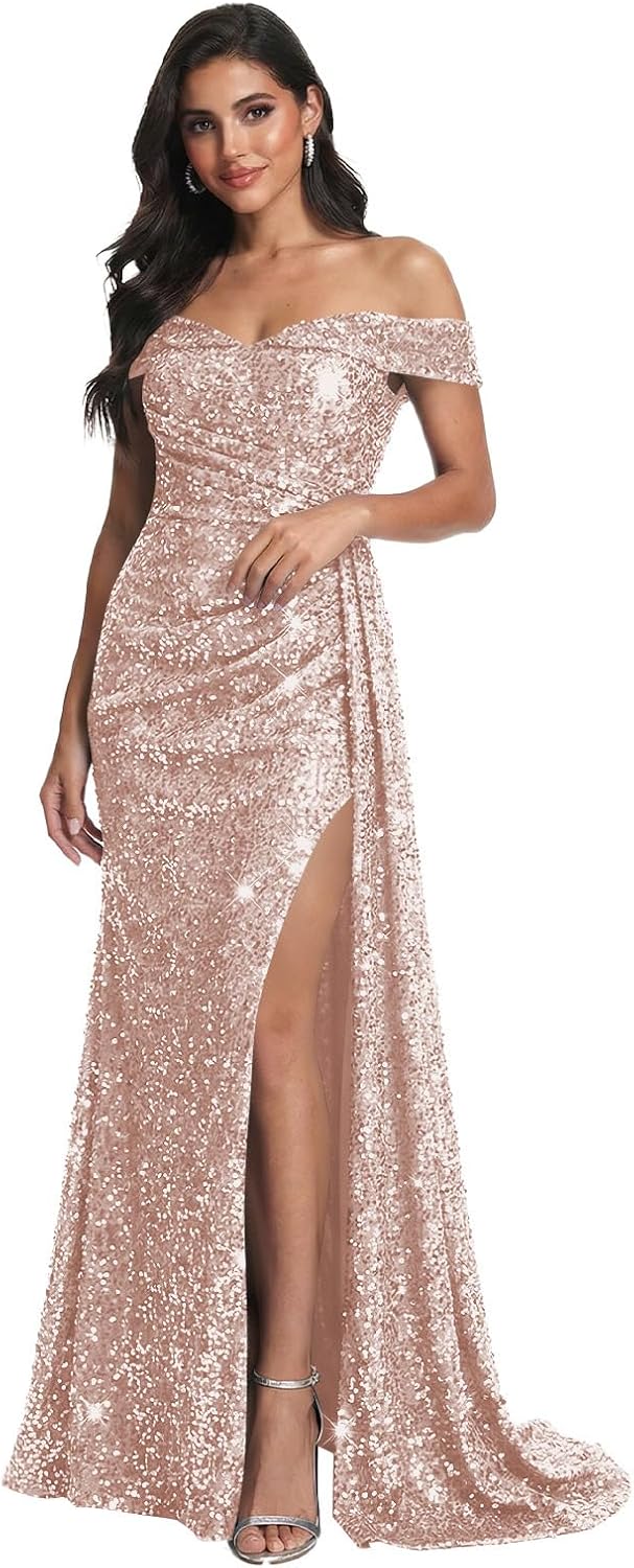 Plus Size Rose Gold Prom Dresses for Teens with Slit 2026 Sparkly Sequins Off The Shoulder Mermaid Long Evening Dress Bodycon Birthday Party Gown with Train US Size 24W