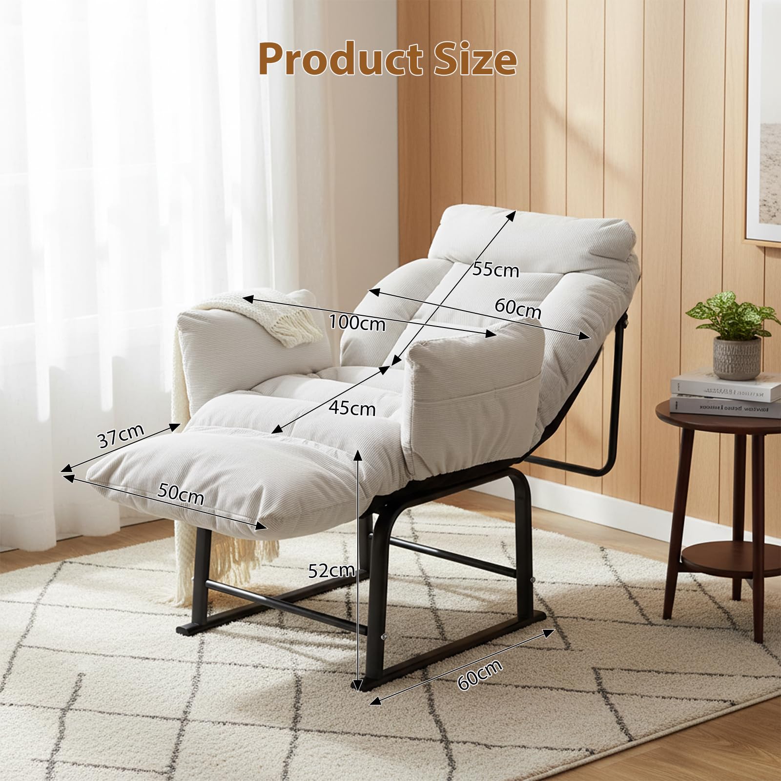 Poltrona Relax, Ergonomica Reclinabile 90°-180°, Poltrona Reclinabile con Schienale e Poggiapiedi Regolabile, Poltrone per Soggiorno/Ufficio, con Tasconi Laterali, Bianco