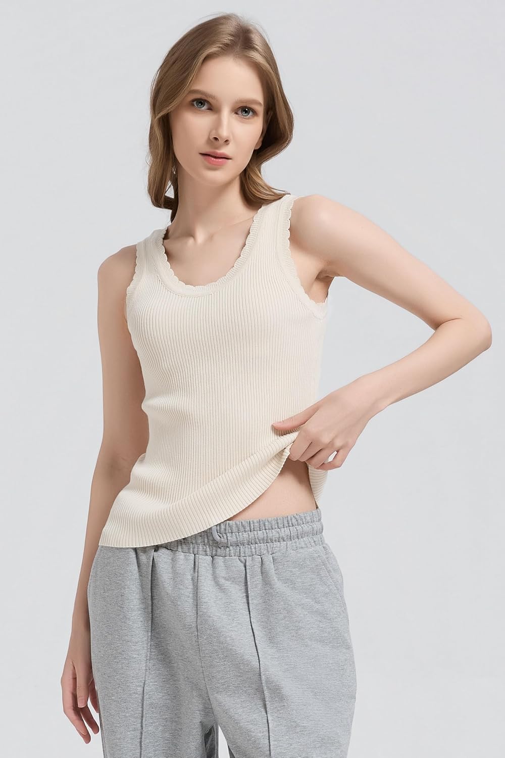 Orolay CHIIONE Womens Ribbed Tank Top Soft Knit Sweater Shirt Scalloped Trim Sleeveless Top Fitted Summer Undershirt - Image 5
