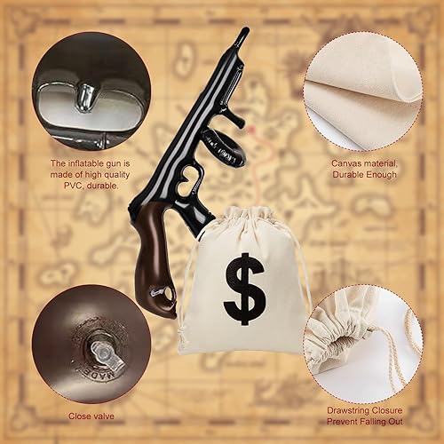 Miniatura 3 de Juego de 9 bolsas inflables de lona para dinero con cierre de cordón, pistola inflable, fiesta temática de cosplay de los años 20, decoración de