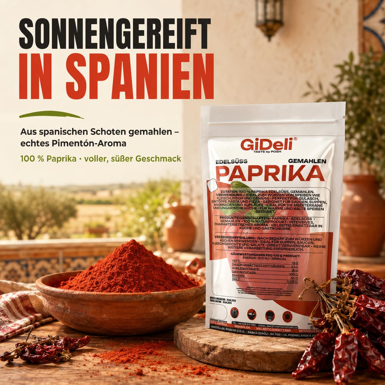 GiDeli Paprika Edelsüß Gemahlen 2x5kg - 100% Paprika ohne Zusätze - Vegan & Glutenfrei - Spanisches Paprikapulver & Pimentón - Mildes Aroma - Rotes Gewürzpulver - Ideal für Gulasch & Pasta