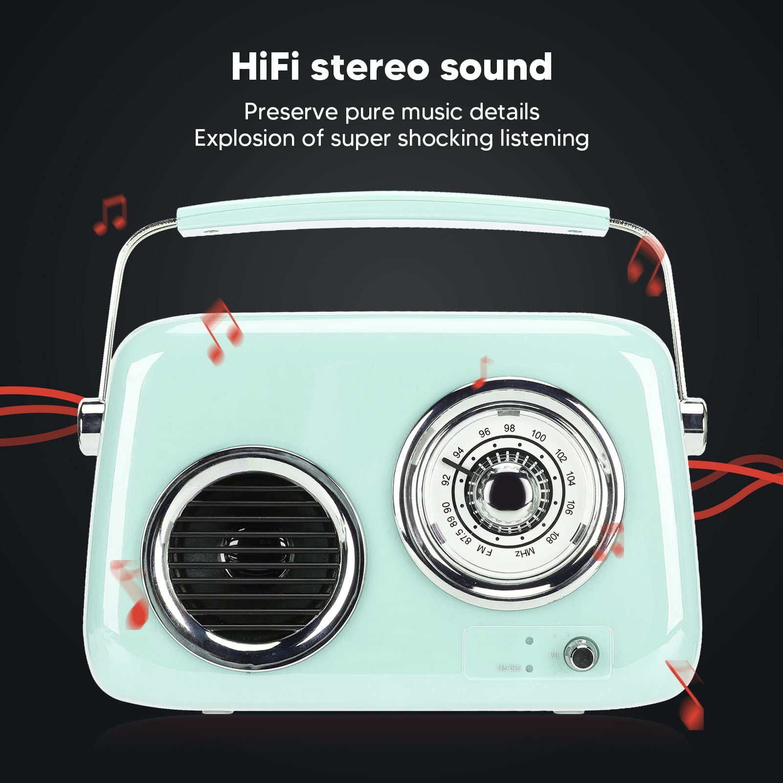 Haut-Parleur Radio FM Rétro, Haut-Parleur Radio Portable, Son Stéréo HiFi, Bluetooth 5.0, Réglage Manuel (Menthe Verte)